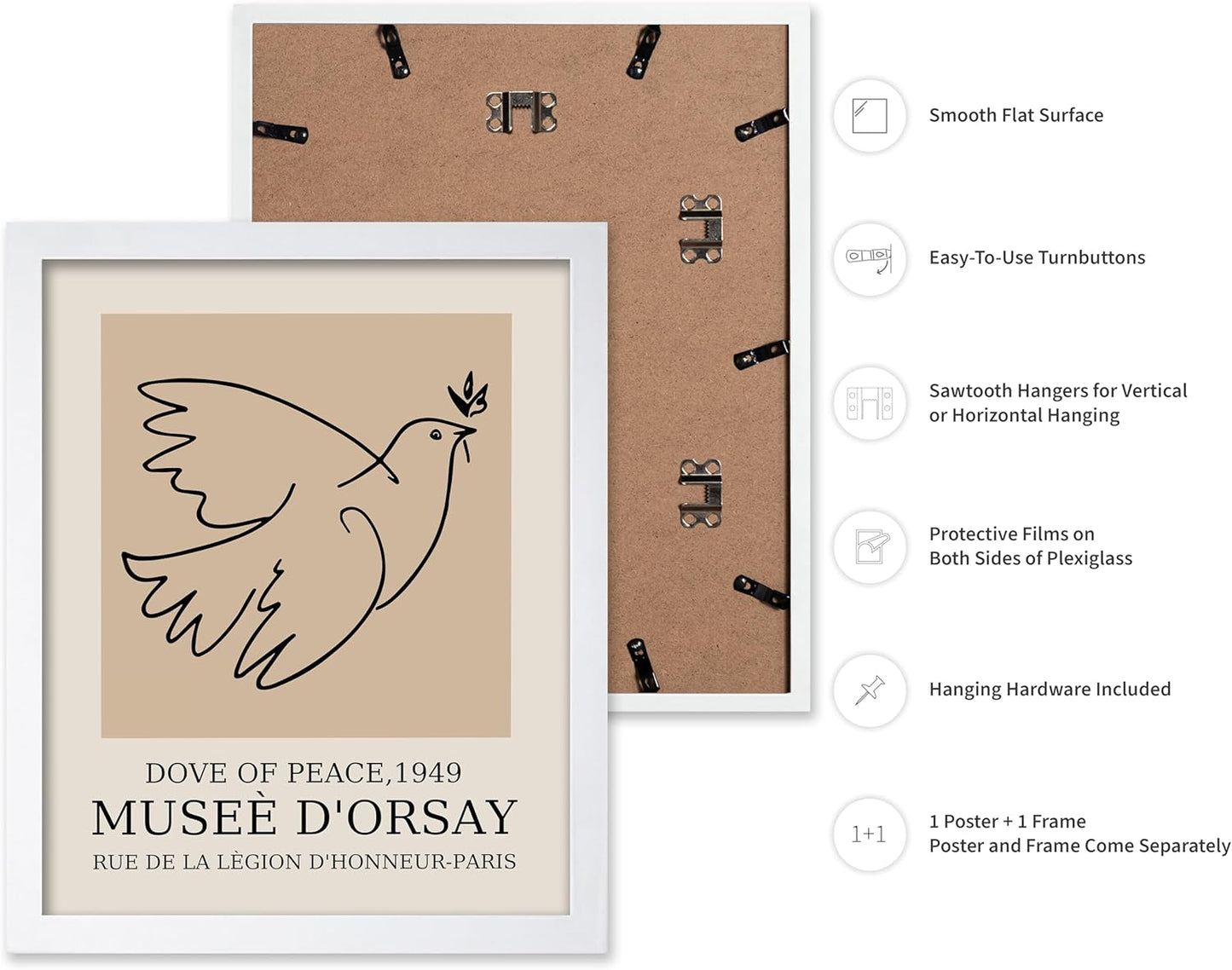 Poster Master Vintage Poster - Retro Minimalist Print - Gift for Artist, Friend - Dove Of Peace, Line Drawing, Sketch, Abstract - Wall Decor for Living Room, Bedroom, 8x10 White Framed