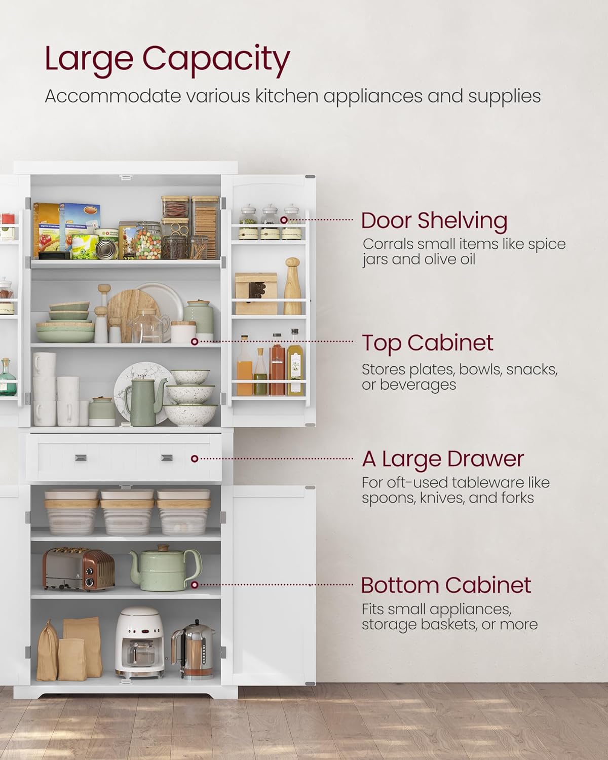VASAGLE Pantry Cabinet, 71.7-Inch High Freestanding Tall Cupboard Storage Cabinet with a Drawer, 2 Cabinets, 4 Adjustable Shelves, 6 Door Shelves, for Living Room, Kitchen, White UBBC561P31V2