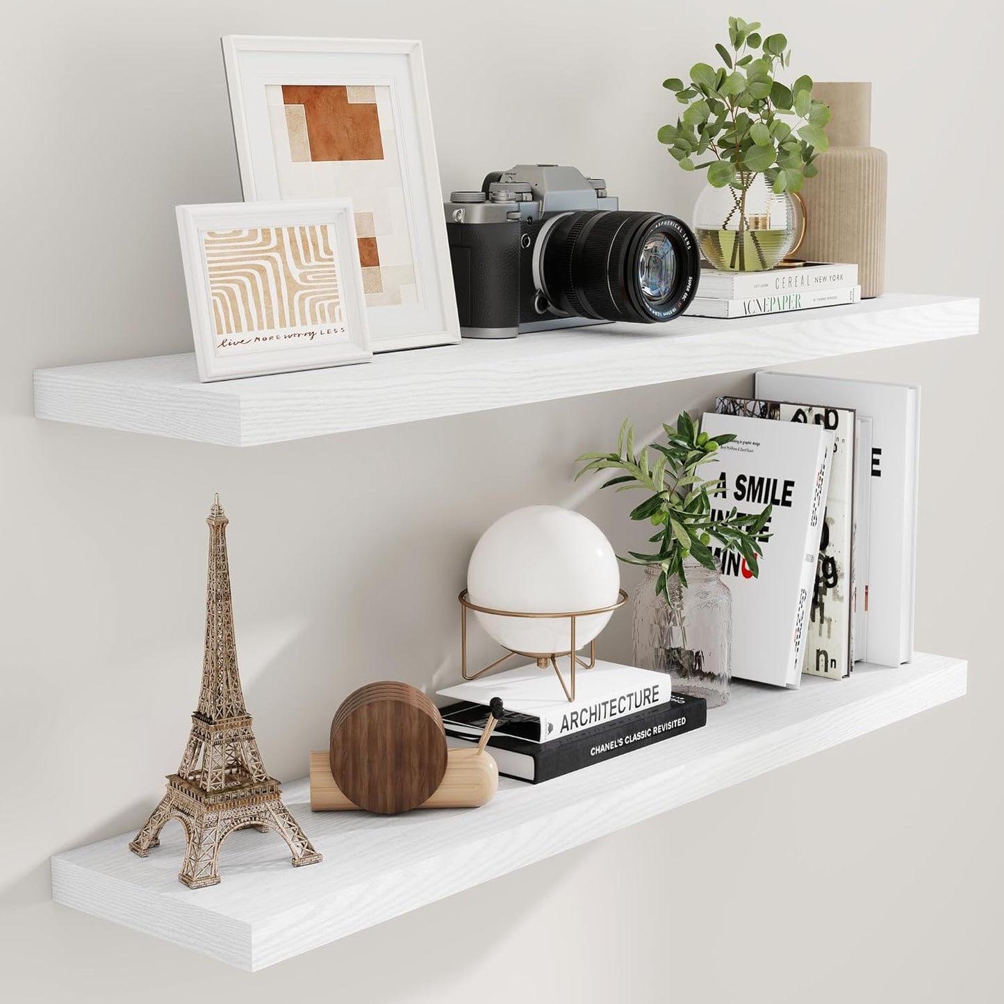 Fun Memories Floating Shelves 48 Inch Set of 2, White 48 x 9 Wall Shelves for Home Decor Storage, Rustic Wood Floating Shelf for Wall, 9 Inch Deep Shelving for Bathroom, Living Room, Kitchen