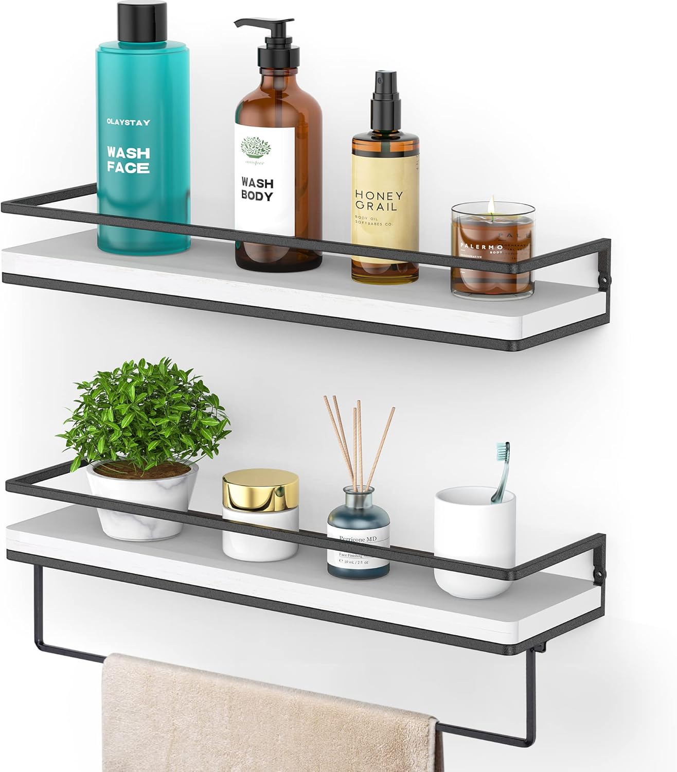 Meangood Floating Shelves Wall Mounted Set of 2, Wall Shelf with Towel Bar Rustic Wood Wall Storage Shelves for Bedroom,Living Room,Bathroom, Kitchen White