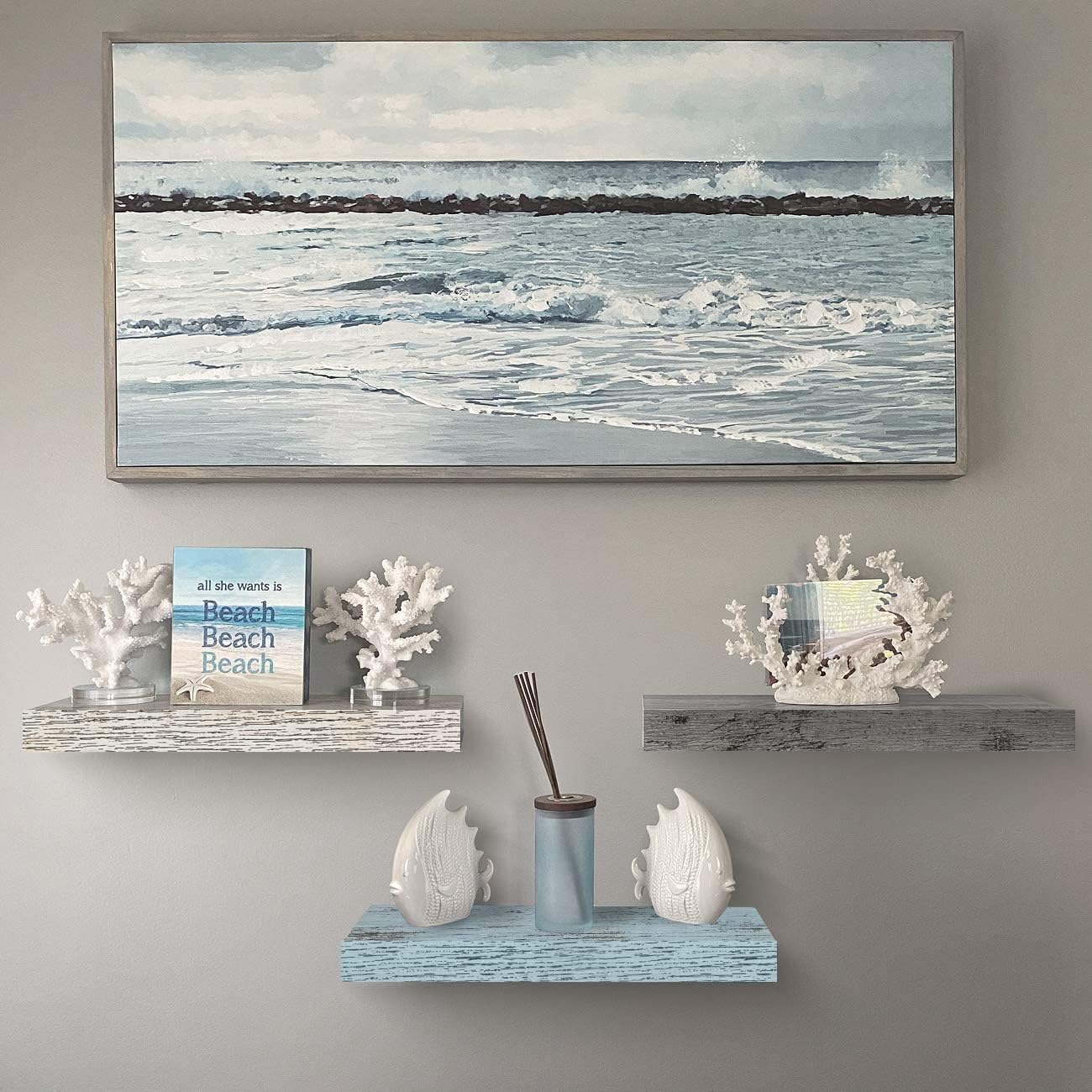 Sorbus Floating Shelves - 3 Pack 16 Inch Rustic Grey Blue Rustic Wall Shelves for Bedroom, Kitchen, Living Room, Bathroom Shelves, Home Decor, Office - Floating Shelf for Trophies, Frames