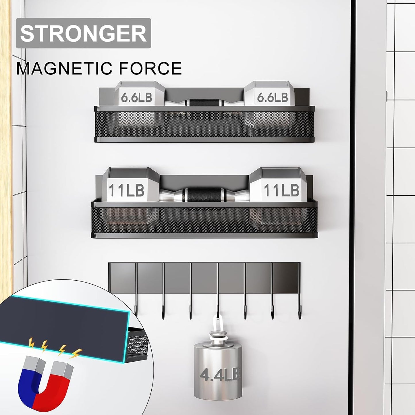 Magnetic Spice Rack for Refrigerator, 5 Pack Magnetic Shelf, Moveable Magnetic Fridge Organizer with 8-Hook Rack, Seasoning Organizer for Kitchen Organization and Storage (5 Pack)