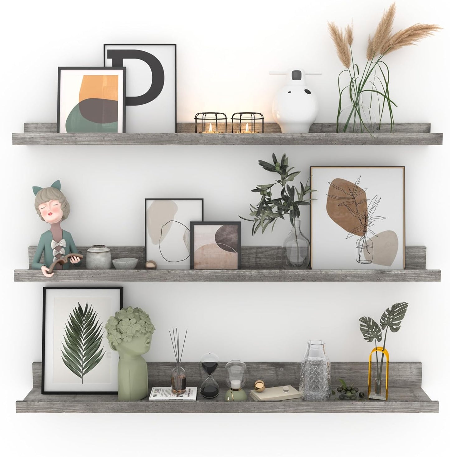 Giftgarden 36 Inch Grey Floating Shelves for Wall Mount, Gray Wood Wall Shelf Ledge for Bathroom Bedroom Living Room Kitchen Storage, Set of 3 Different Sizes