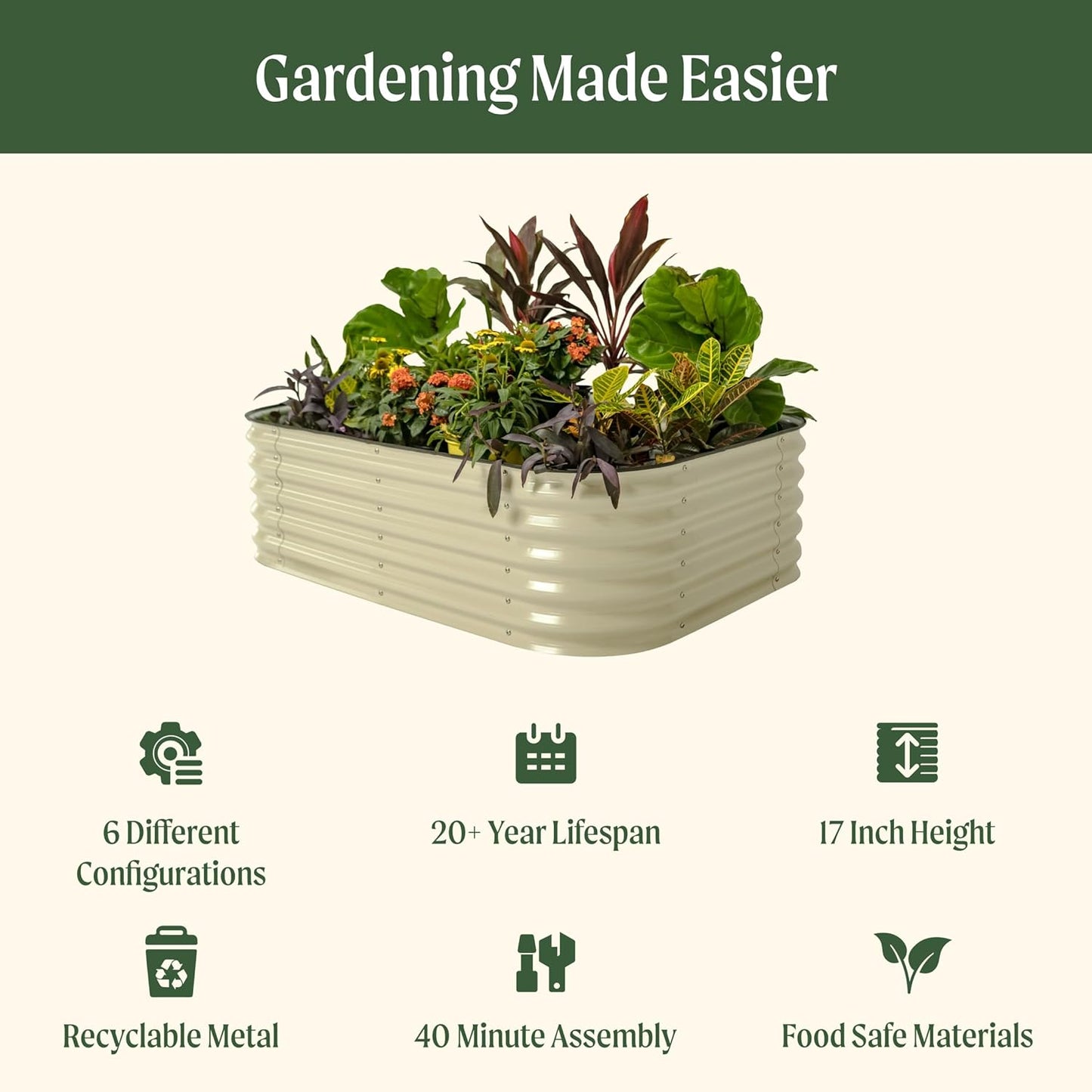 Vego garden Raised Garden Bed Kits, 17" Tall 6 in 1 Modular Metal Raised Planter Bed for Vegetables Flowers Patio Ground Planter Box-Pearl White