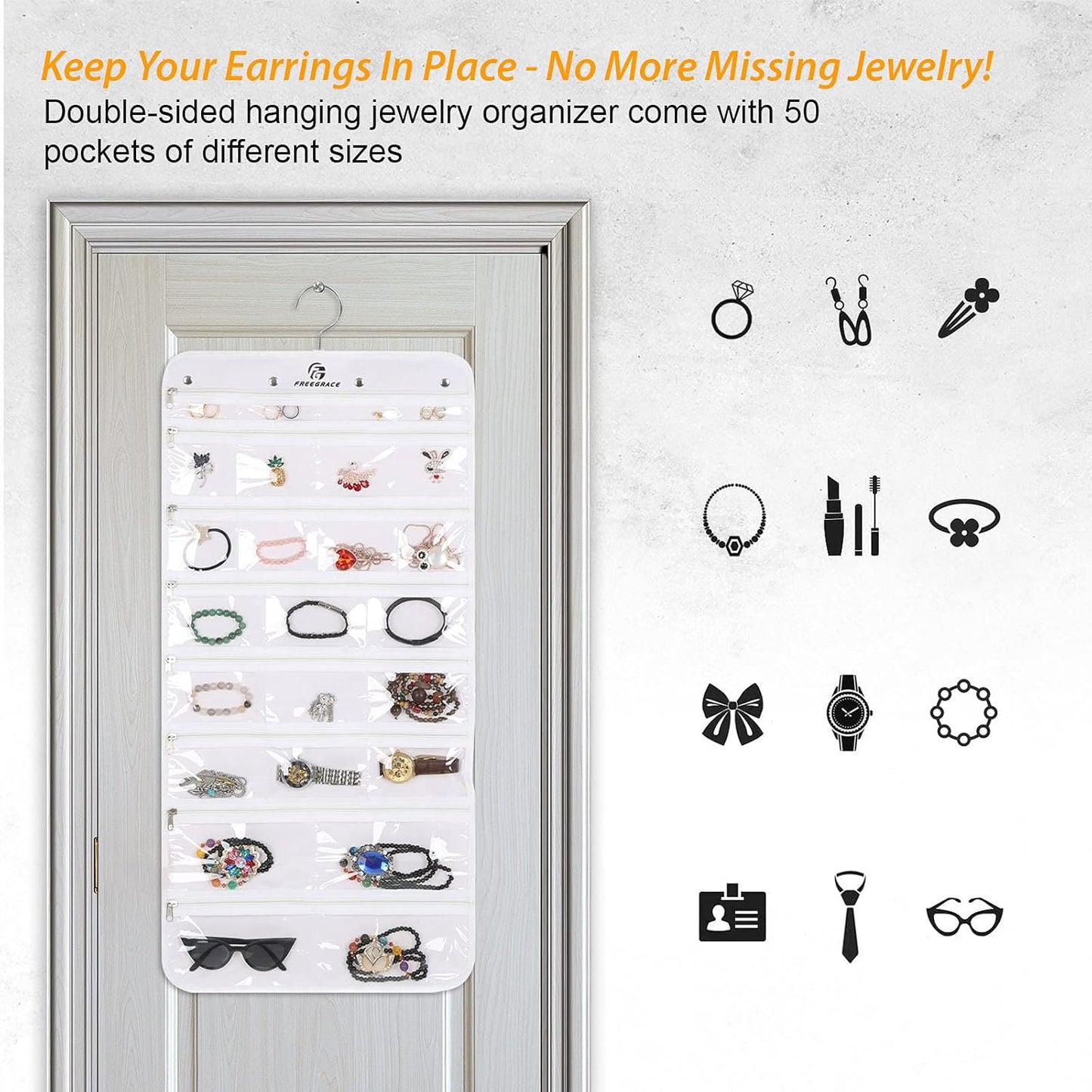 Freegrace Hanging Jewelry Organizer Revolving Hanger - Secure Zipper Closure - 50 Pockets - Foldable Storage & Display Solution - For All Jewelry & Bijoux (White)