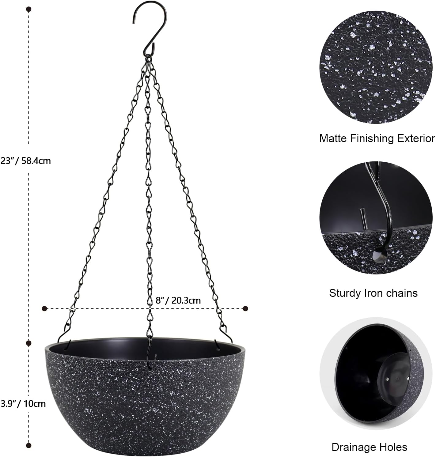 8 inch Small Hanging Planters for Indoor Outdoor Plants, 2 Pack Hanging Flower Plant Pots with Drainage Holes and Chain for Porch, Plastic Hanging Baskets for House Plants, Speckled Black