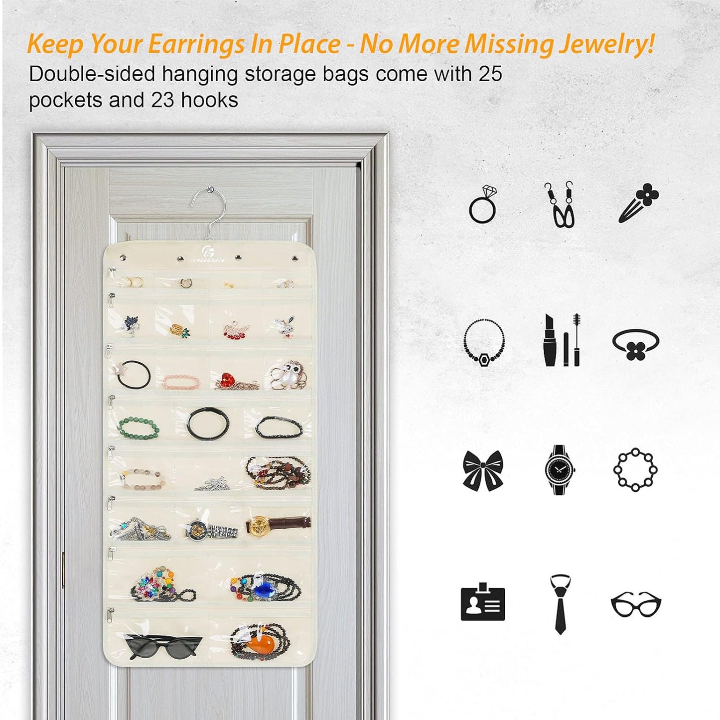 Freegrace Hanging Jewelry Organizer Revolving Hanger - Secure Zipper Closure - 25 Pockets,23 Hooks - Foldable Storage & Display Solution - For All Jewelry & Bijoux (Beige)