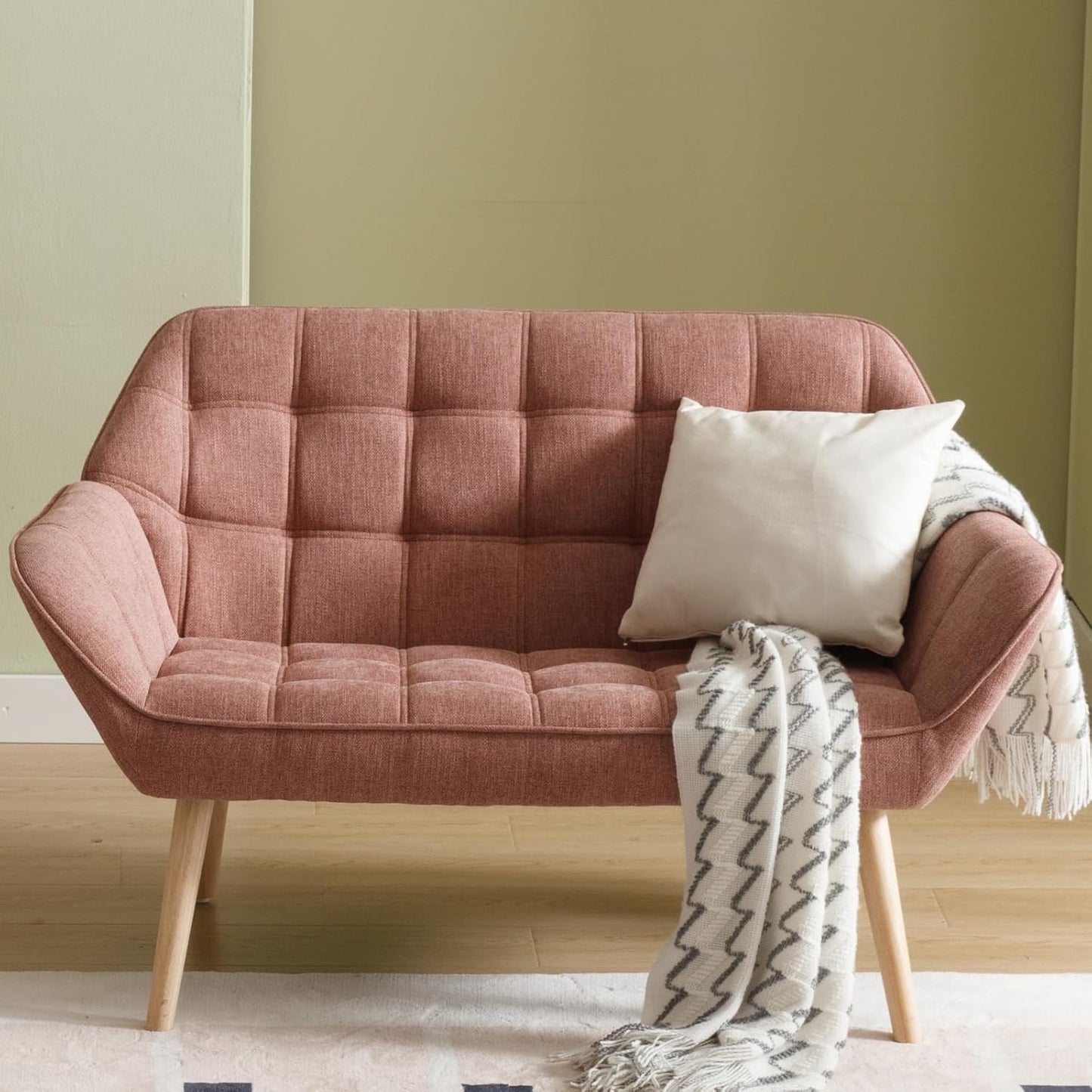 48”Small Loveseat Sofa, Modern Linen Upholstered Mini Couch 2-Seater Fluffy Love Seat with Quilting Backs and Wood Legs for Small Space Living Room, Bedroom, Pink