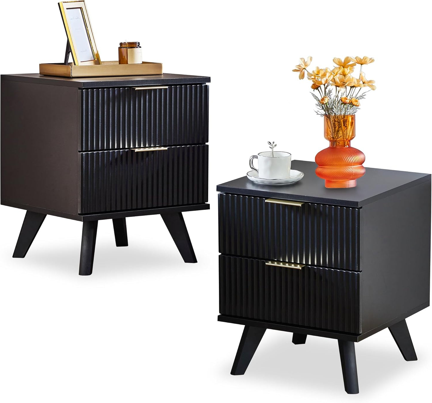 Fluted Nightstand Set of 2, Mid Century Modern 2 Drawer Dresser for Bedroom, Small Dresser Night Stand Side Table End Table with Wood Fluted Drawer Storage for Bedroom Closet(Black)