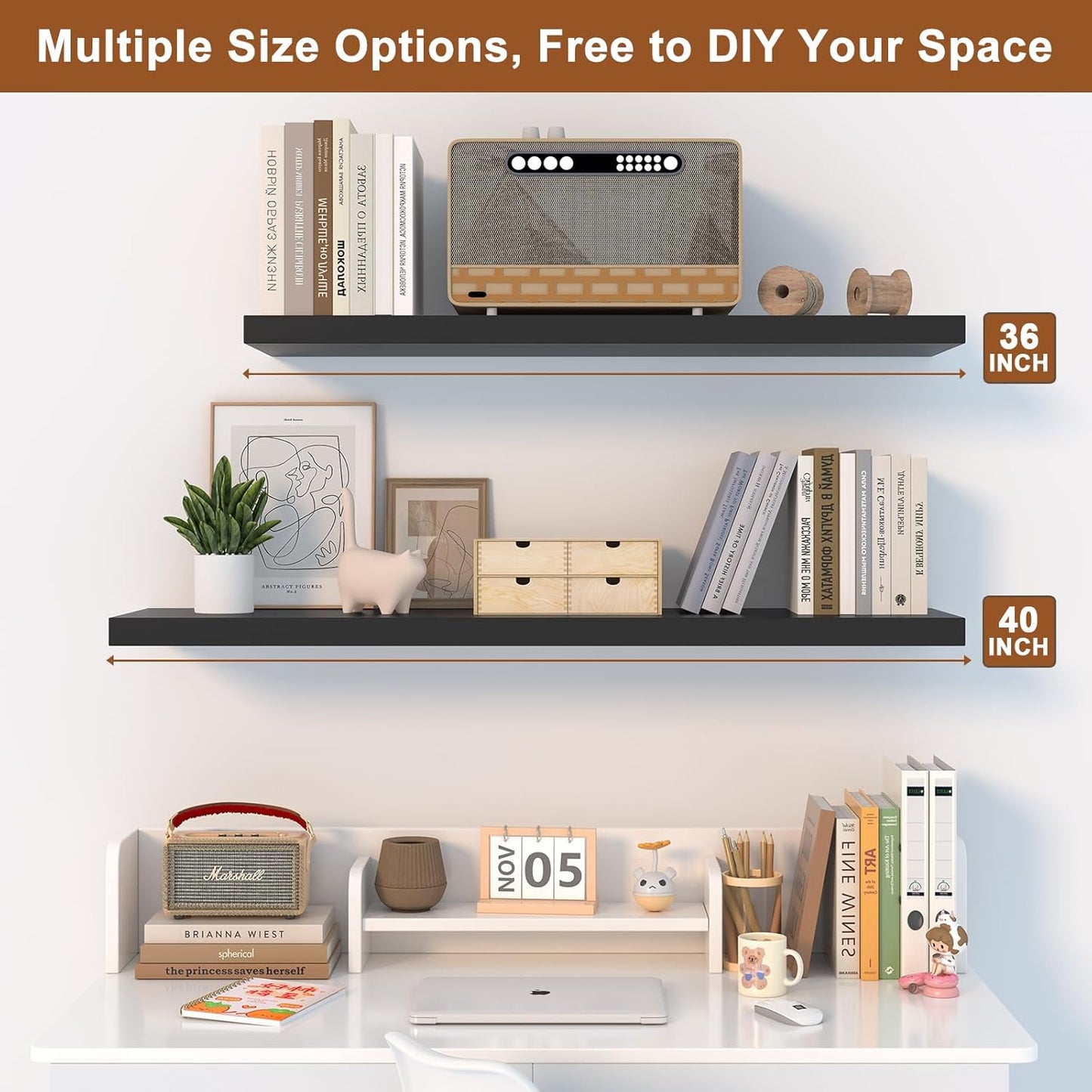48 Inch Floating Shelf 2 Pack Large Floating Shelves for Wall No Drilling Accessories Included Deep Wall Shelves for Living Room Kitchen Farmhouse 48" W x 12" D x 1.2" Black