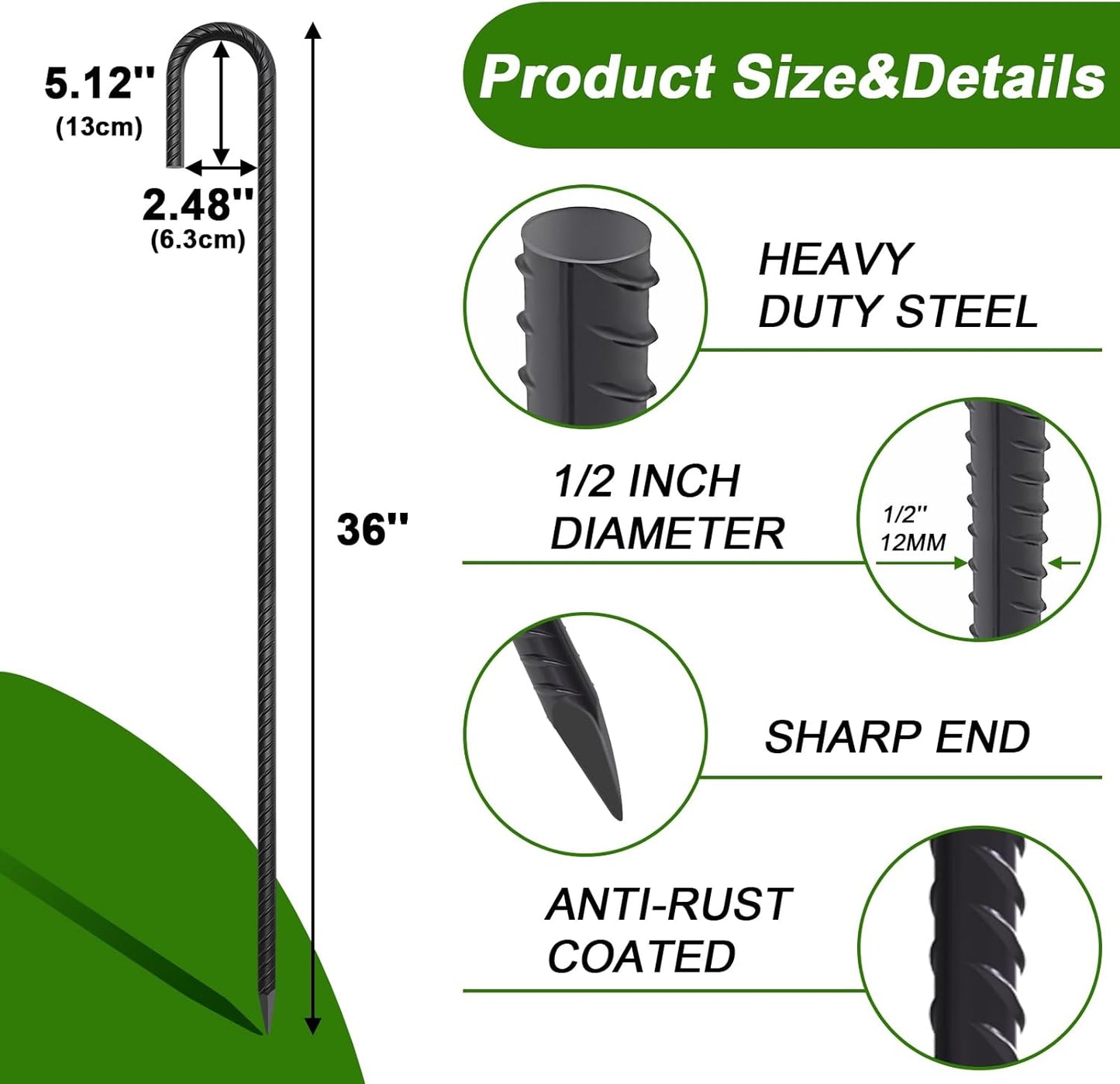 AAGUT 20 Pack Rebar Stakes J Hook 36 inch Heavy Duty Trampoline Stakes Steel Ground Anchors with Chisel Point End for Camping Tent Canopy and Chain Link Fence,Black