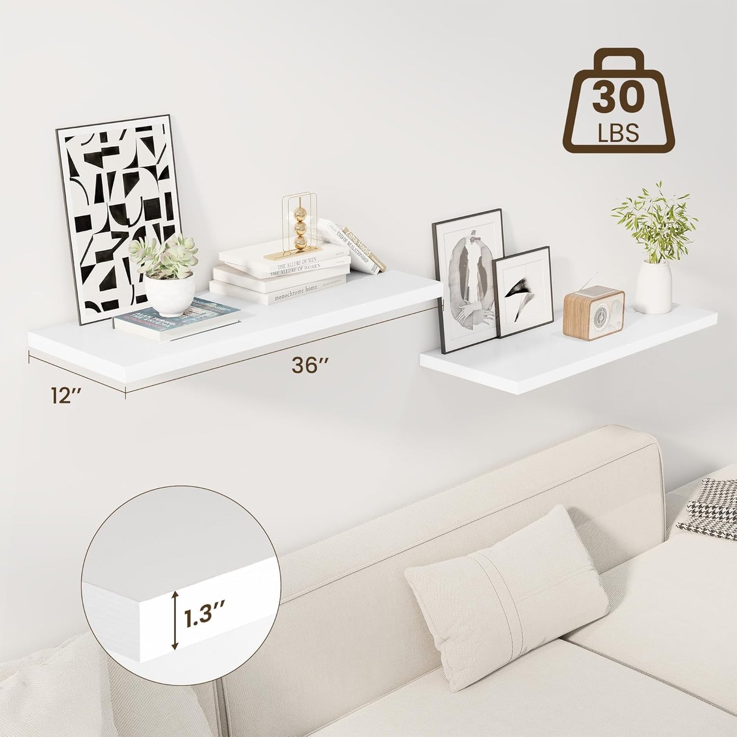 36" Floating Shelves for Wall, 12" Deep Slim White Floating Shelves, Wall-Mounted Shelves for Bedroom, Living Room, Kitchen, Bathroom - Set of 2