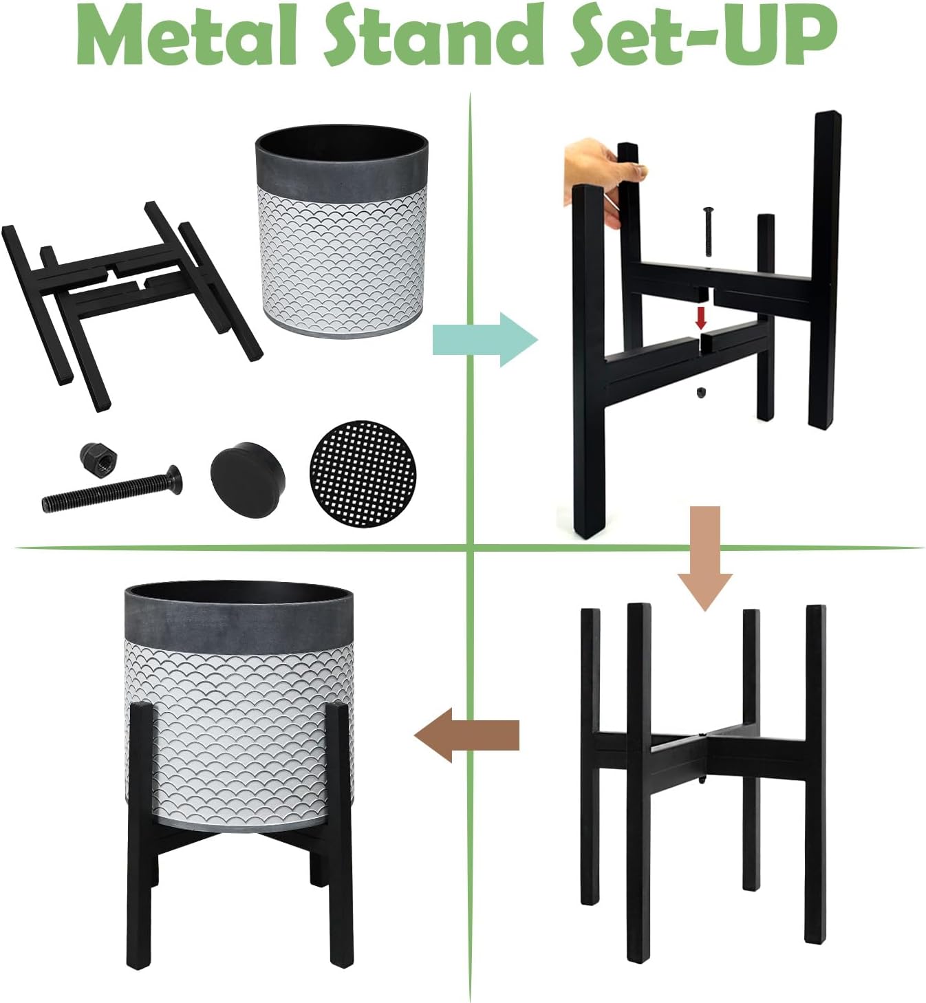 Planter with Stand Set of 2, Mid Century Plant Pots with Metal Legs Indoor, Modern Flower Pots with Drainage Holes, Decorative Garden Pot for Living Room, Office, Garden, or Balcony 10 & 12 inches