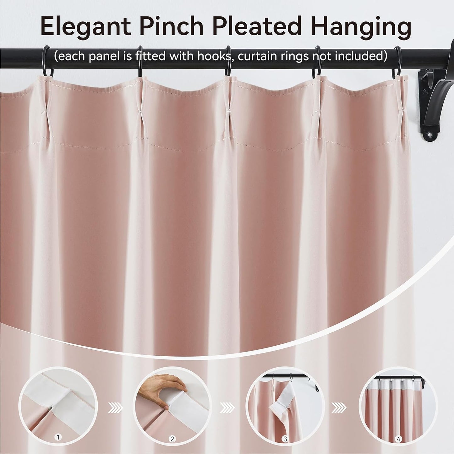 KangBang 2 PCs Pinch Pleat Wide Drapes for Sliding Door 95 Inches Long, Room Darkening Privacy Assured Polyester Curtains & Drapes Ceiling to Floor for Locker Room Living Room(Baby Pink,60x95 Inch)