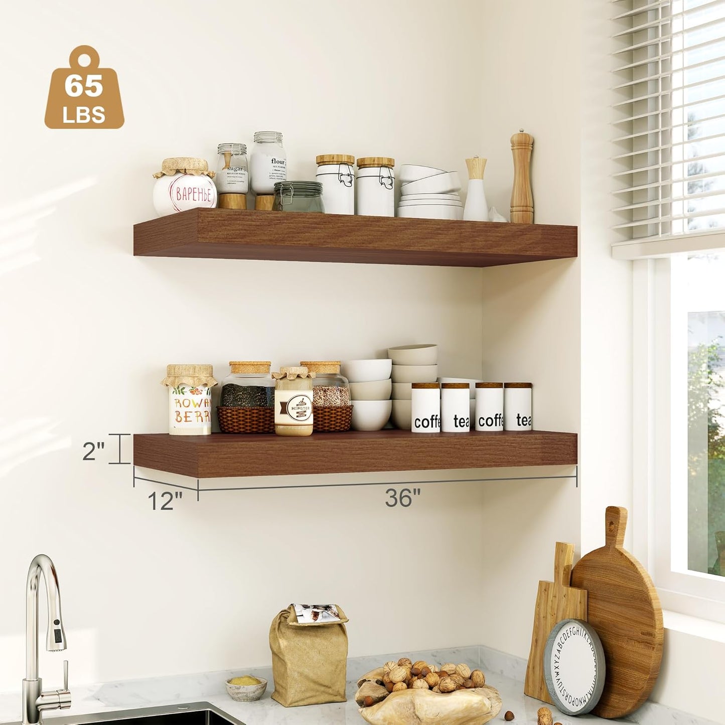 12" Deep Walnut Floating Shelves,Over Toilet Long Wall Mounted Modern Farmhouse 36 inches,Wall Shelves with Invisible Brackets for Bedroom, Bathroom, Living Room, Kitchen, Set of 1