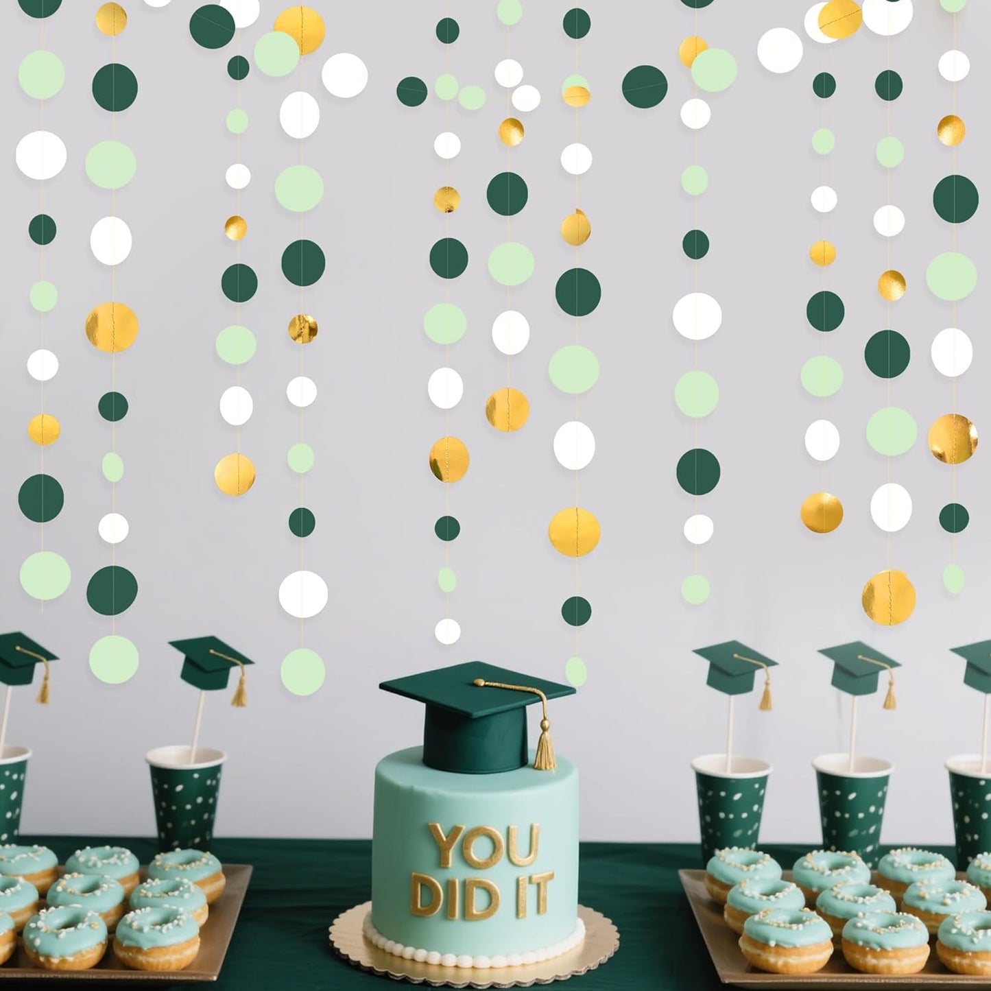 46 Ft Sage Green Gold Party Decorations Polka Dots Garlands Hanging Paper Circle Dots Streamer for Safari Wild Woodland Jungle Theme Birthday Baby Shower Graduation Wedding Party Decorations Supplies