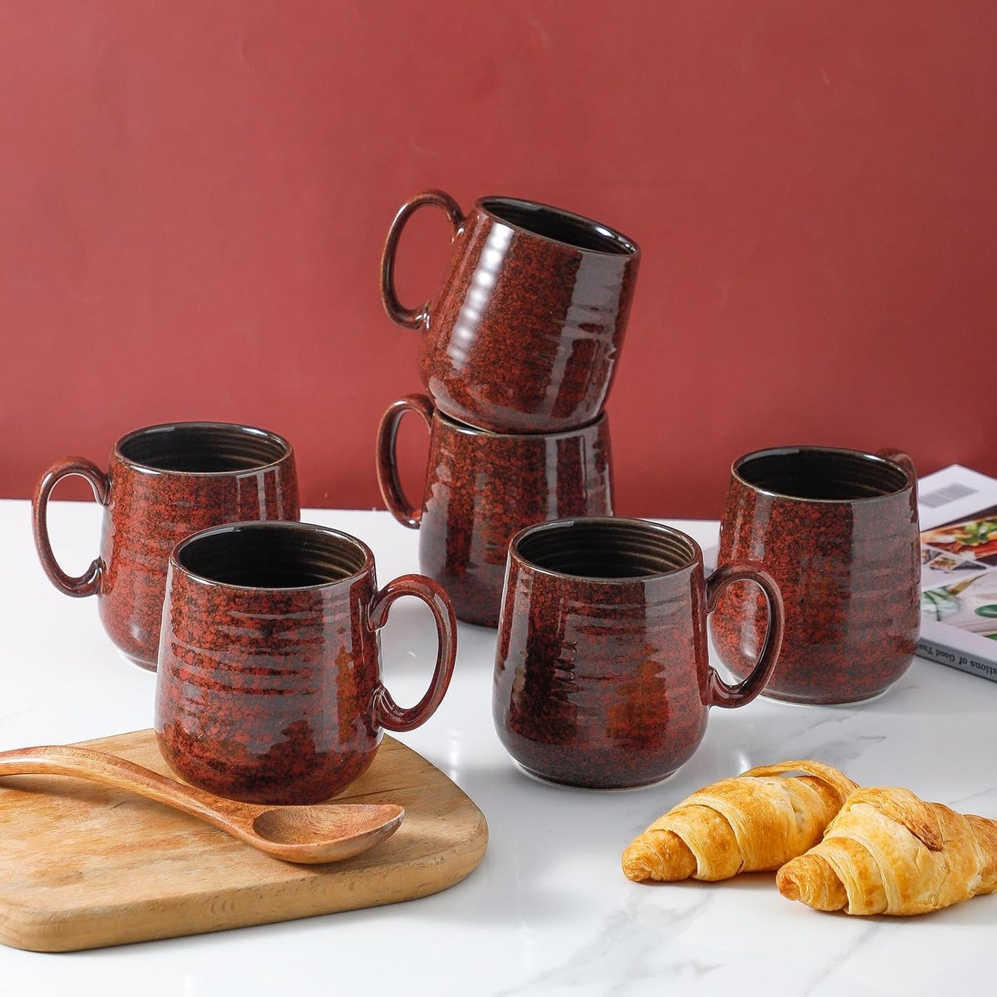 Hasense Coffee Mugs 8 oz, Ceramic Small Espresso Cups Set of 6, Mini Cups with Handle for Coffee, Tea and Cocoa, Modern Mugs for Mother's Day Gift, Dishwasher & Microwave Safe, Red