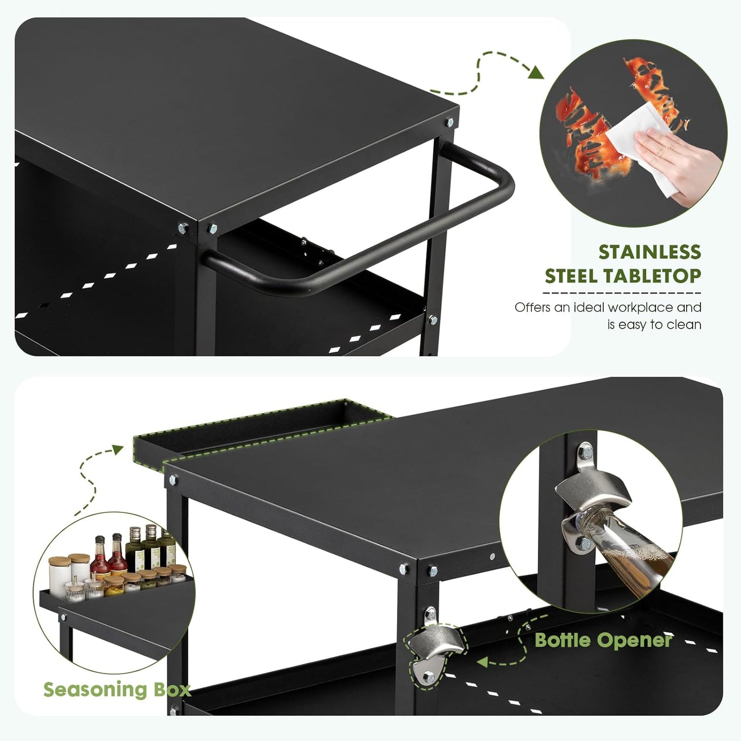 Outdoor Grill Cart Table,Indoor and Outdoor Pizza Oven Table,with 4 Movable Total Lock Casters, Hooks, Side Handle Multifunctional (Black)