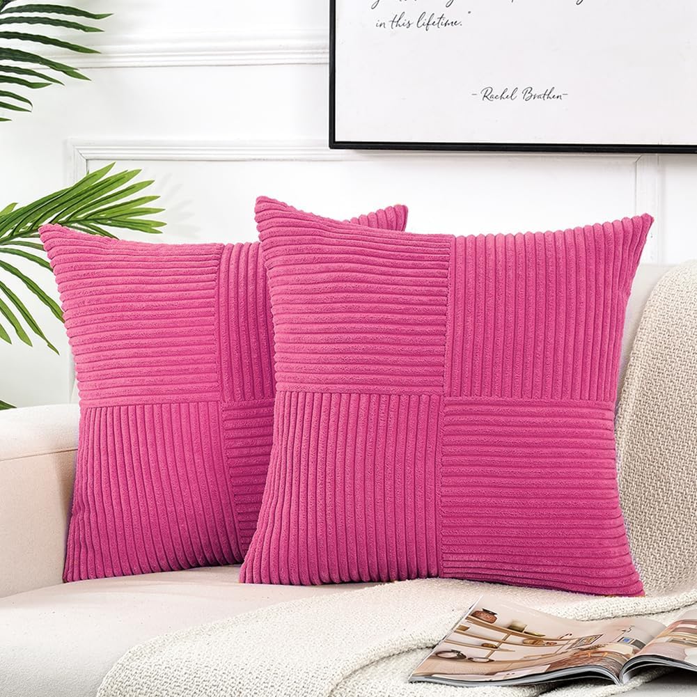 Fancy Homi 2 Packs Hot Pink Decorative Throw Pillow Covers 18x18 Inch for Living Room Couch Bed Sofa, Rustic Farmhouse Boho Home Decor, Soft Corss Corduroy Patchwork Textured Cushion Case 45x45 cm