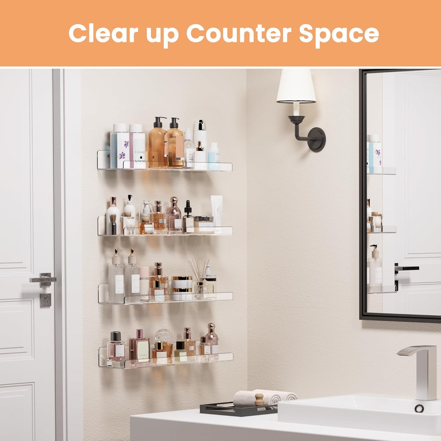 upsimples 4 Pack Acrylic Shelves for Wall Storage, 15" Floating Bookshelves for Kids, Display Shelf Organizer for Bathroom, Bedroom, Living Room, Kitchen, Room Decor, Clear