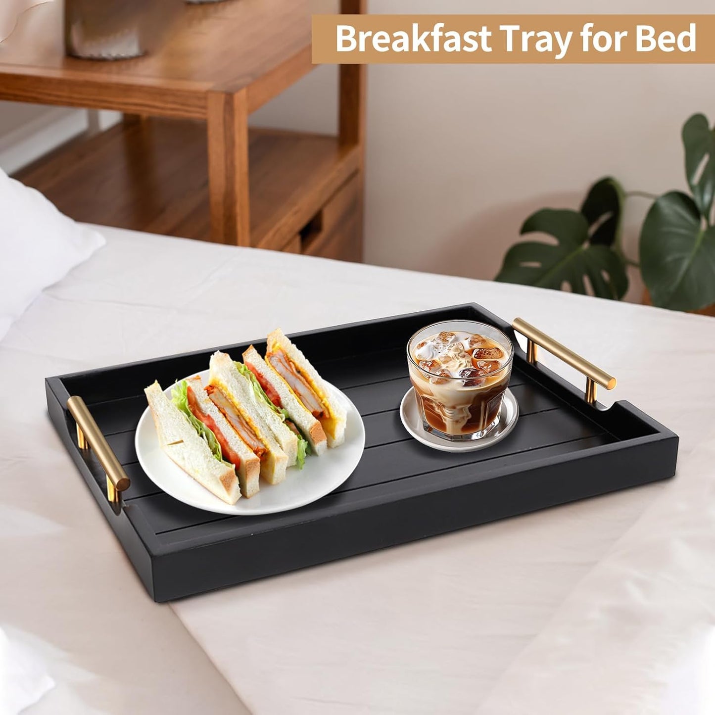 Coffee Table Trays - Large Ottoman Tray for Living Room - Wood Serving Trays with Handles(2 Sets) - Wooden Tray for Coffee Table, 4 Round Coasters Included, Black