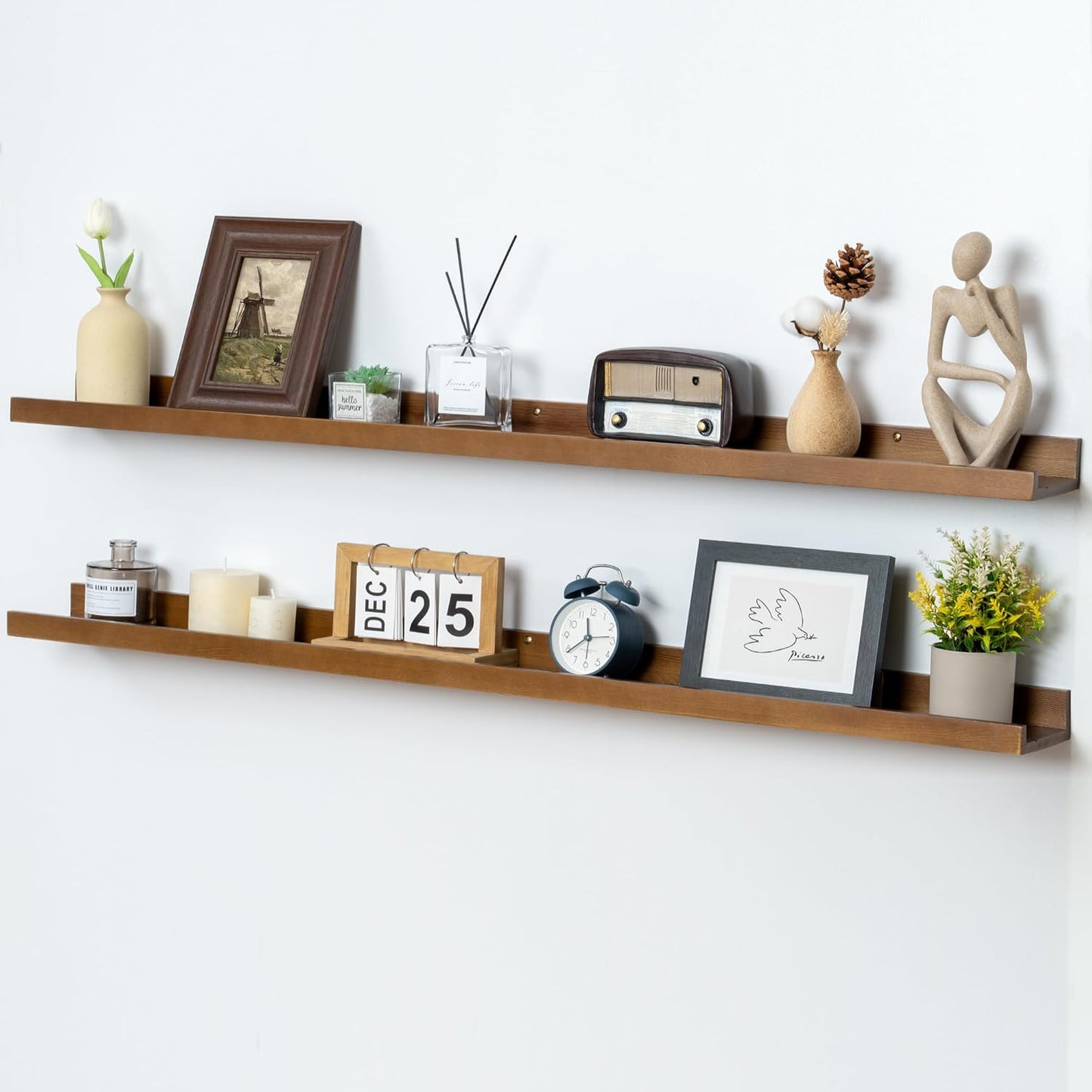 Picture Ledge Wall Shelves 48 inch Width Set of 2, Solid Pine Wood Rustic Floating Ledge Shelves for Wall for Kids' Room Bedroom Kitchen Bathroom Living Room Nursery Display Wall Decor, Walnut