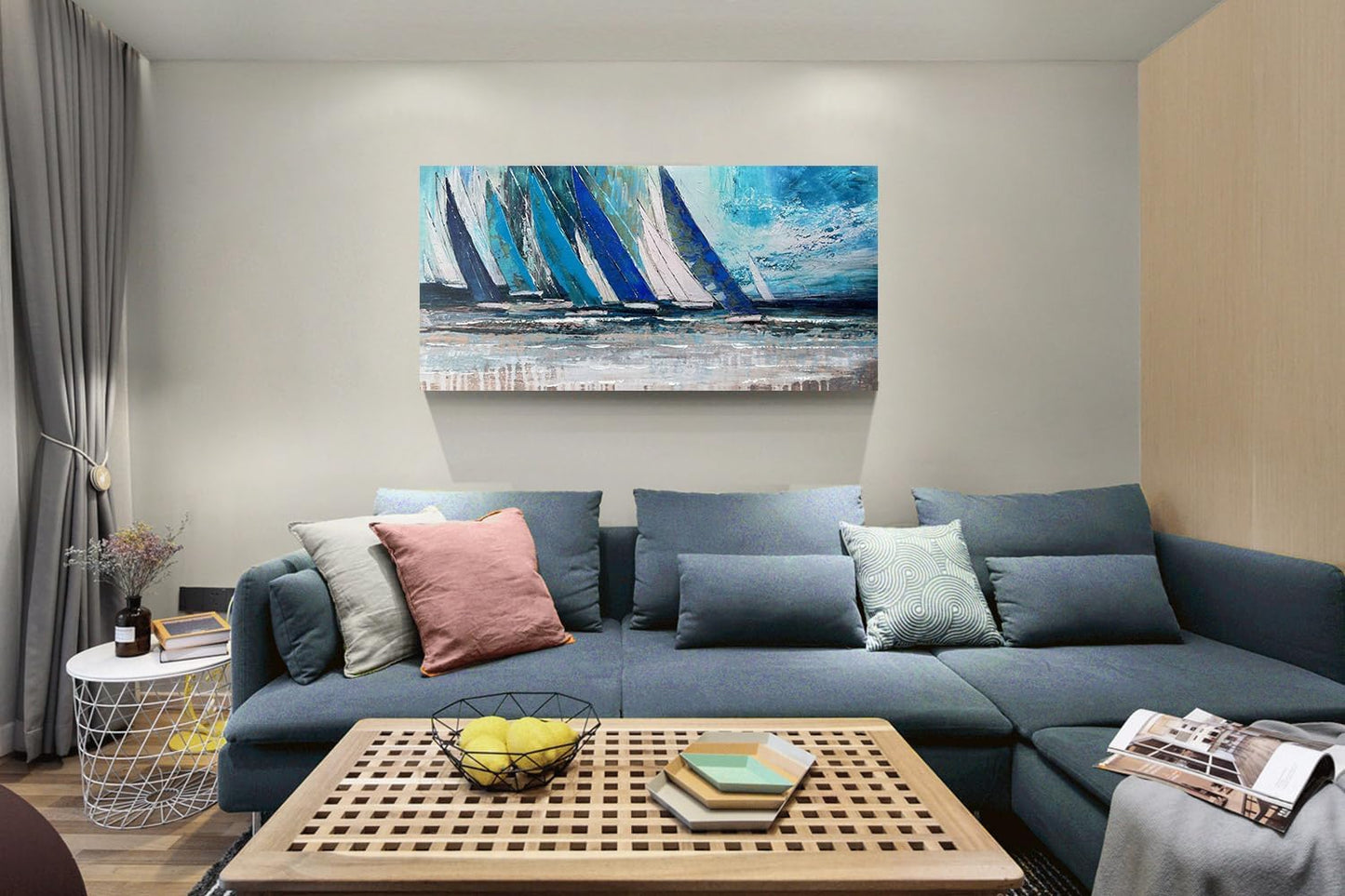 Arjun Blue Abstract Wall Art Canvas Teal Ocean Sailboat Picture Modern Turquoise Coastal Nautical Painting Large 48"x24" Framed Textured Artwork for Living Room Bedroom Bathroom Home Office Wall Decor
