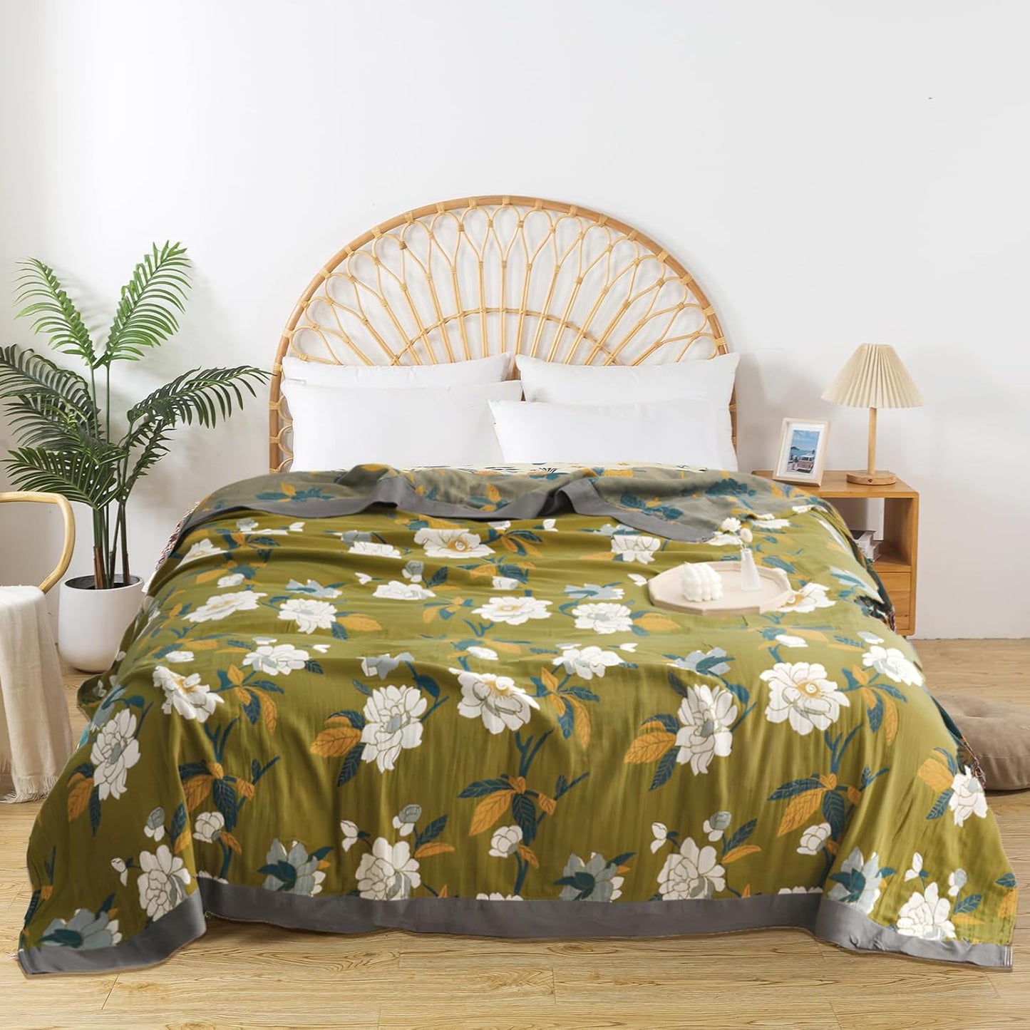 Boho Throw Blanket for Bed - 100% Pure Cotton Ultra Soft Rustic Quilt - Farmhouse Decor Bed Blankets, All Season Rustic Throw for Sofa Couch Chair(80''x 90'', Flower Branch)