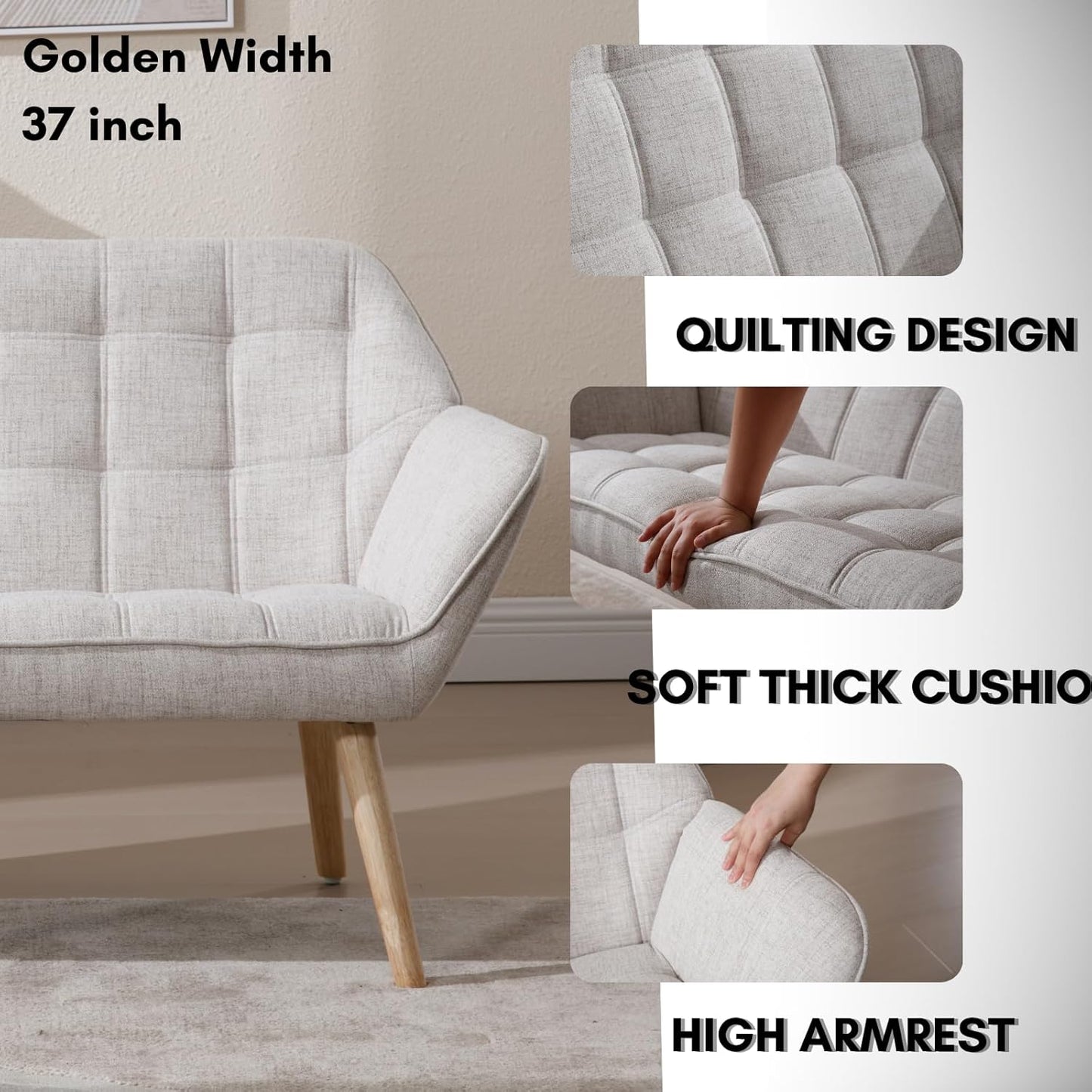 48”Small Loveseat Sofa, Modern Linen Upholstered Mini Couch 2-Seater Fluffy Love Seat with Quilting Backs and Wood Legs for Small Space Living Room, Bedroom, Beige