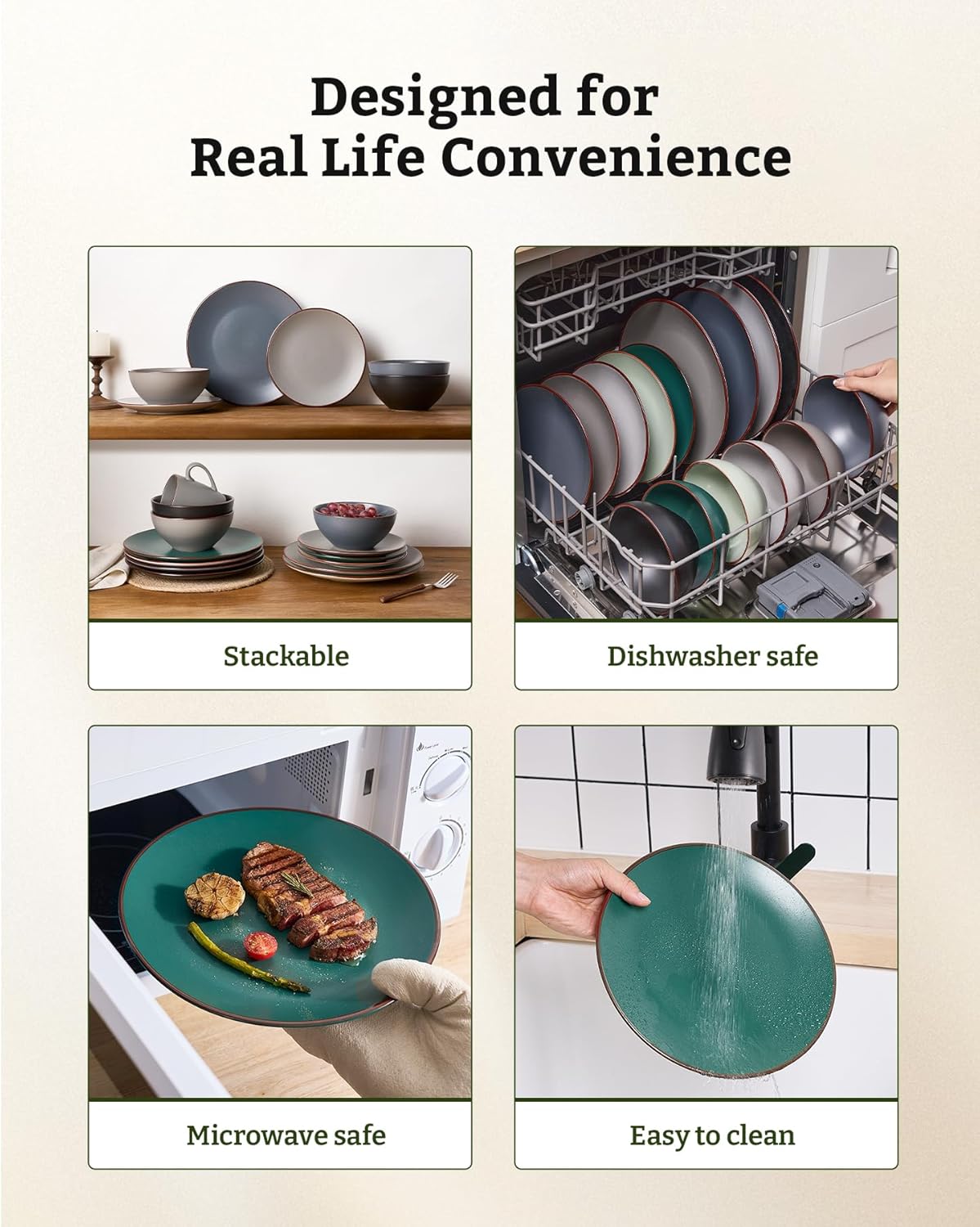 Famiware Venus Ceramic Plates and Bowls Sets, Speckled Dinnerware Dish Sets for 8 (24 Pieces) - Microwave and Dishwasher Safe, Matte Dark Green