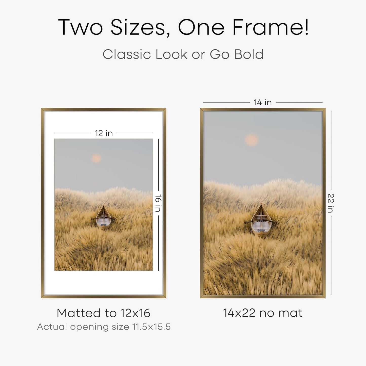 Homeforia 14x22 Picture Frame Bronze, High End Metal 14x22 Brass Poster Frames with Mat 12x16 for Photo, 14 x 22 Frame Matted to 12 by 16 Print, 22x14 Hanging Frame, Tempered Glass, Wall Kit, Set of 1