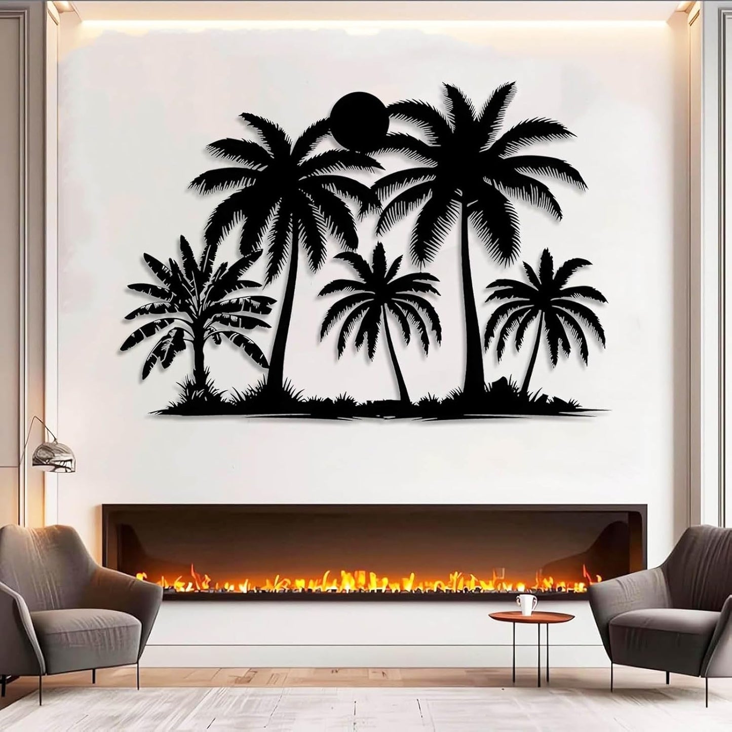 Tuglona Metal Palm Tree with Sunset Wall Decor, Tropical Palm Tree Metal Wall Art, Tropical Wall Decor, Sun Wall Art, Beach Wall Decoration, Coastal Trees Wall Hanging (Black, 48"x33"/121x84cm)