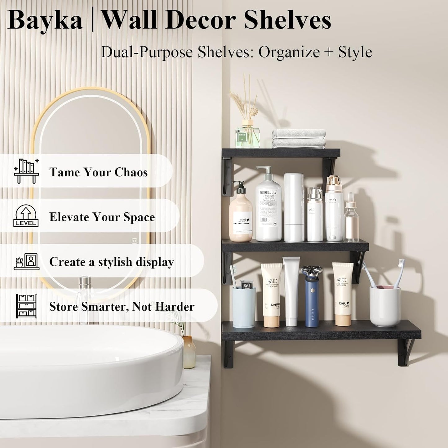 BAYKA Wall Shelves for Bedroom Decor, Floating Shelves for Wall Storage, Display Mounted Rustic Wood Shelf for Books,Plants,Corner Shelves for Bathroom,Kitchen,Living Room(Set of 4)
