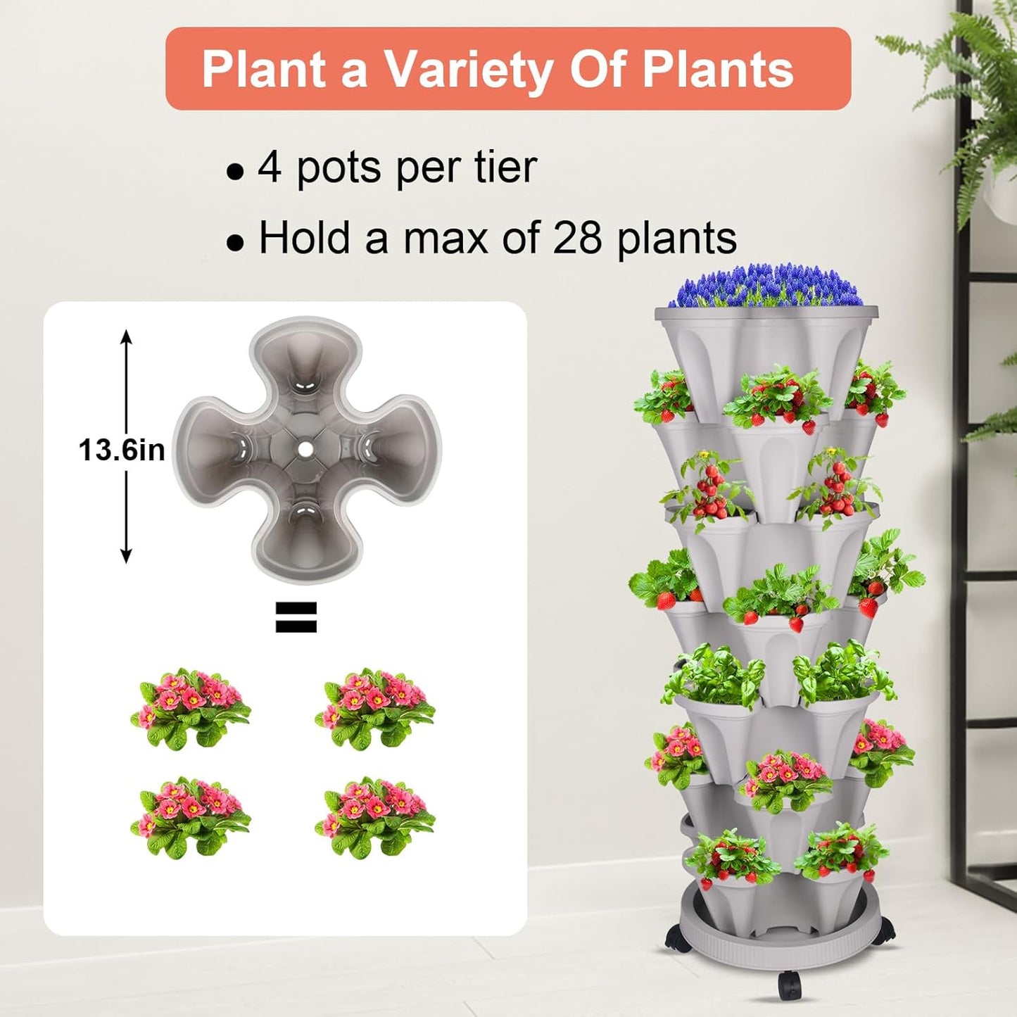DUNCHATY Stackable Planter with Removable Wheels and Tools, Garden Planting Tower Planters, Indoor Outdoor Gardening Pots - 7 Tier Vertical Garden Planter