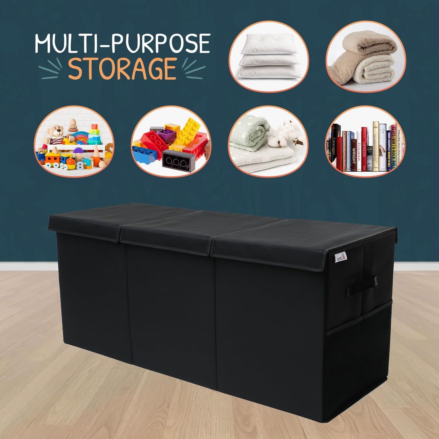 Extra Large Toy Storage Organizer with Lid - Sturdy, Collapsible Toy Chest Storage Box Design - Toys Bin with Dividers for Kids, Nursery, Bedroom, Playroom 37"x16"x14"