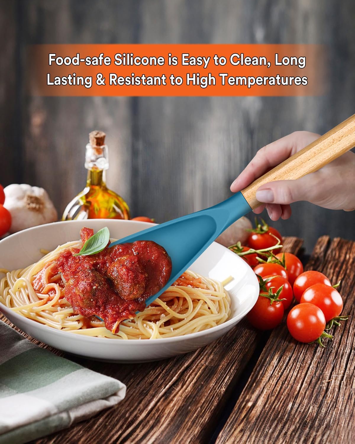 Multifunction Spatula Spoon for Nonstick Cookwares, Great for Cooking and Serving, Sturdy BPA-Free Matte Silicone, Wood Handle Spatula for Mixing, Scoop, and Scrape, Turquoise(2 pack,11.4" & 13.4")