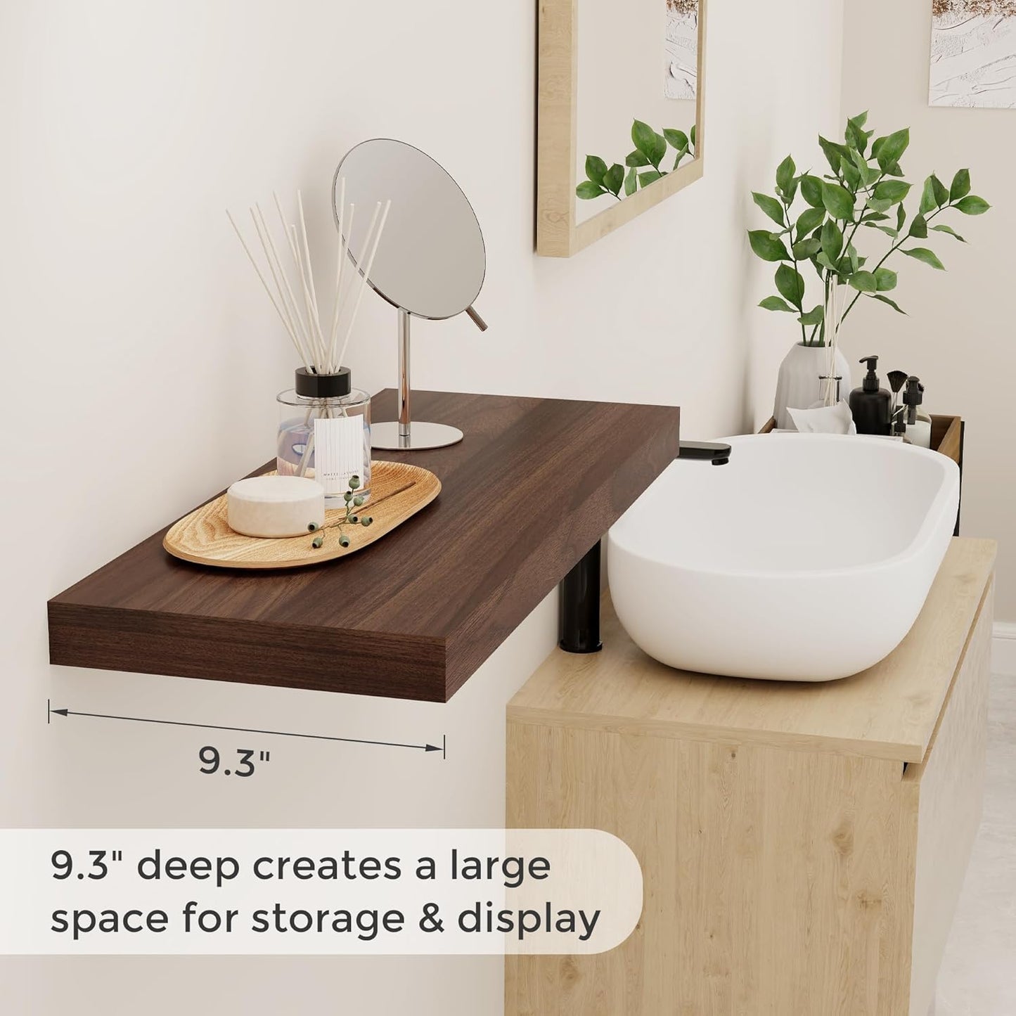 24 x 9 Floating Shelves, 9 Inch Deep Floating Shelf Wall Mounted, 24 Inch Bathroom Shelves Set of 2, Rustic Wood Wall Shelf for Bedroom, Living Room, Walnut Color