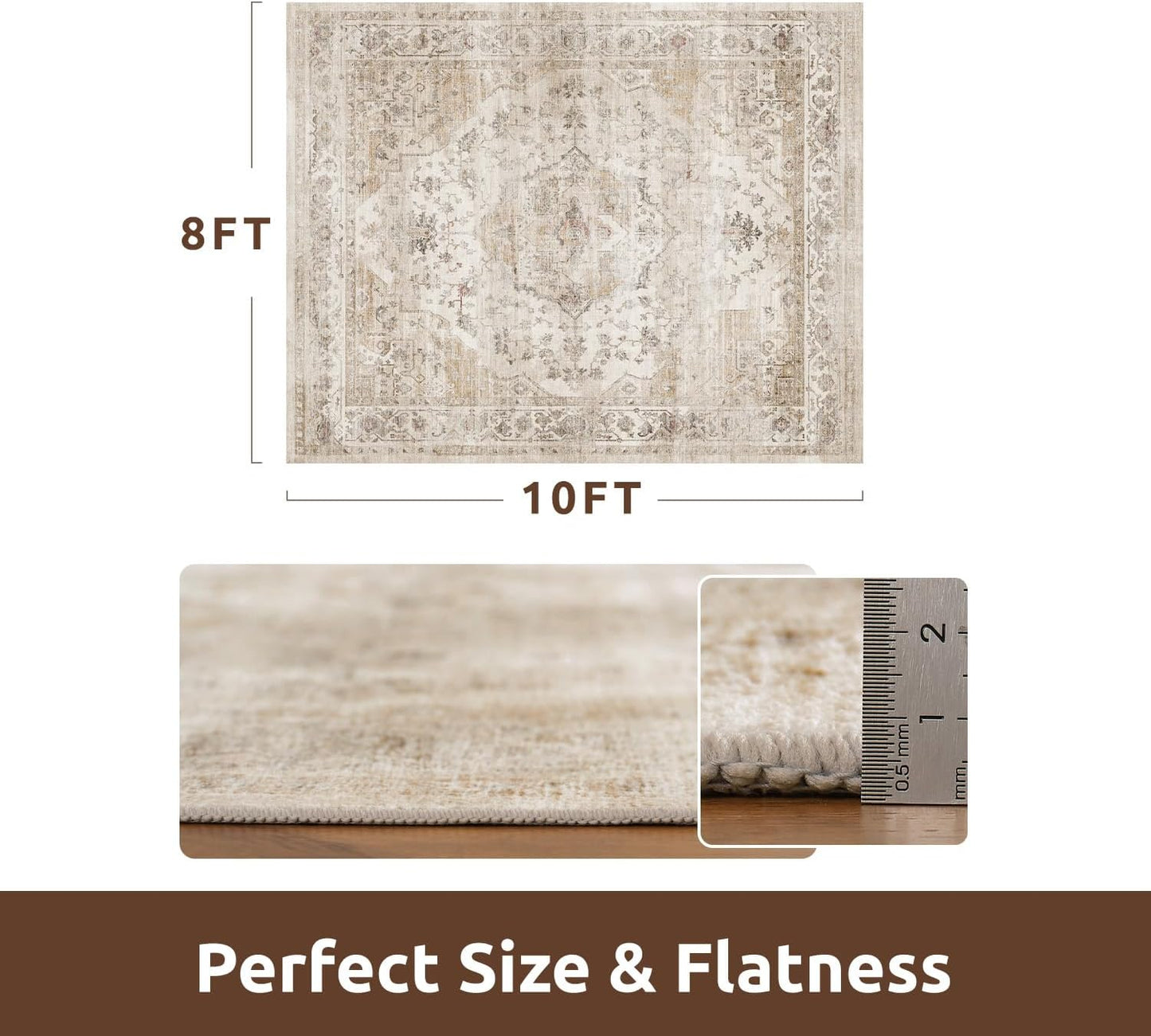 AMOAMI-Area Rug 8FT X 10FT Rugs for Living Room-Vintage Soft Beige Rugs for Bedroom-Non Slip Carpet-Washable Rug for Dining Room Living Room Bedroom Office Under Table
