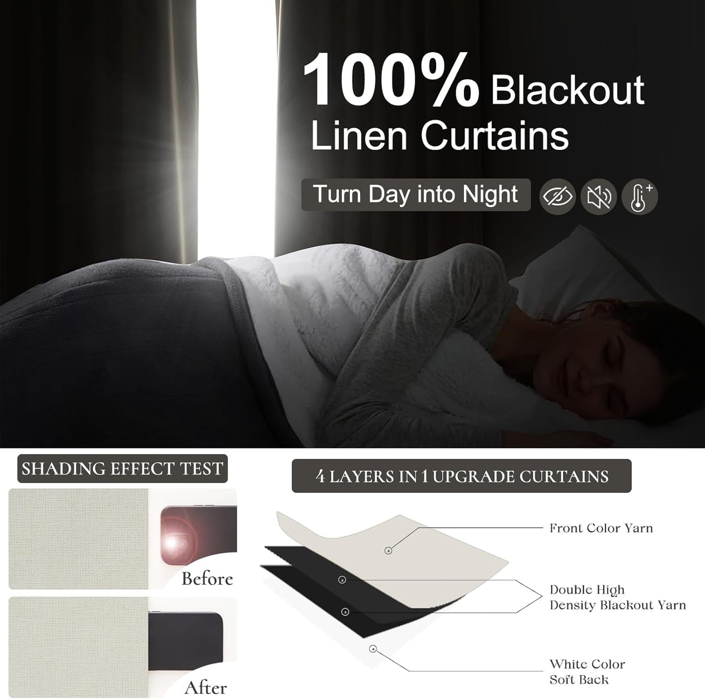 White Ivory Linen Curtains 90 Inches Long Pinch Pleated 100% Blackout Window Curtains for Bedroom, Thermal Pleated Drapes for Living Room Farmhouse Nursery Hooks&Rings Included(40" Wx90 Lx2 Panels)