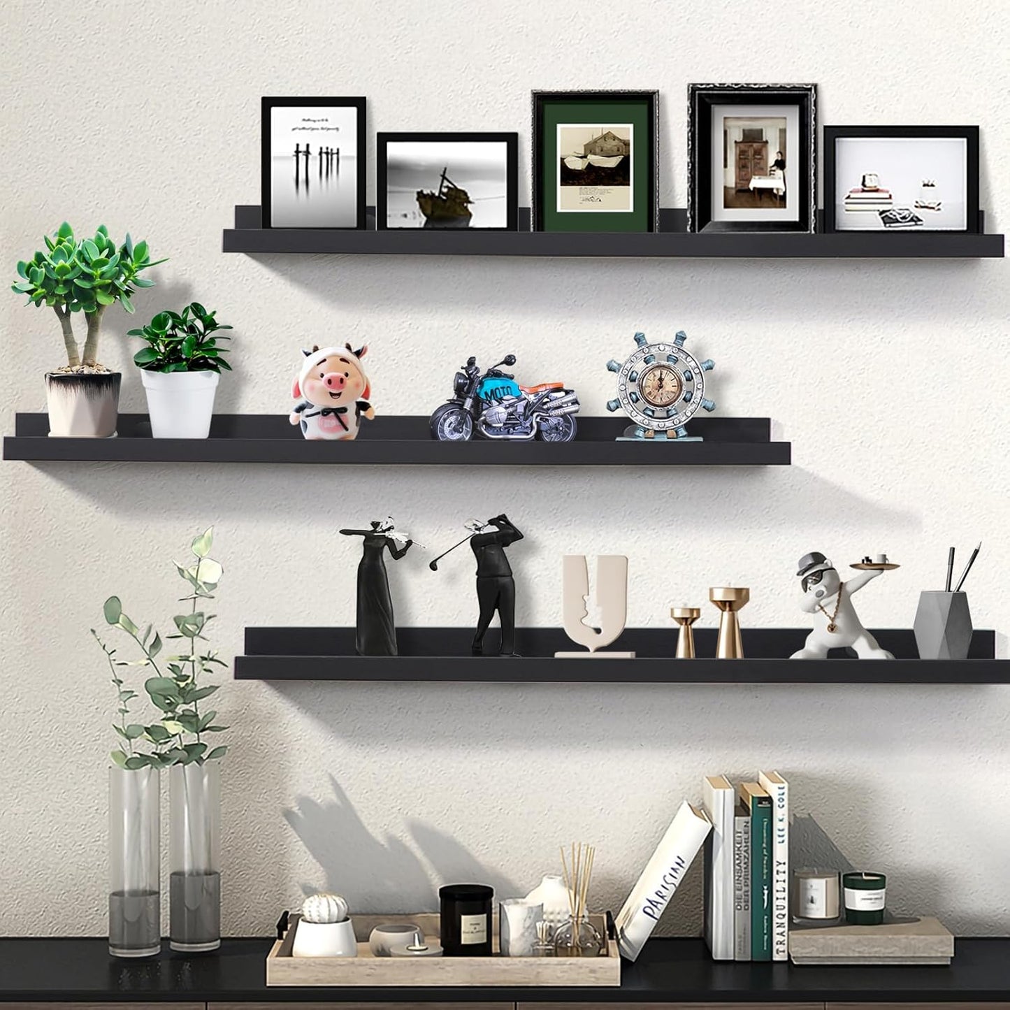 Long Floating Folding Shelves 48 Inch Wood Picture Ledge Shelf with Lip for Wall Black Storage Shelves for Kids Room Photo Shelves Wall Organizer Set of 3 for Bedroom Living Room Bathroom Kitchen