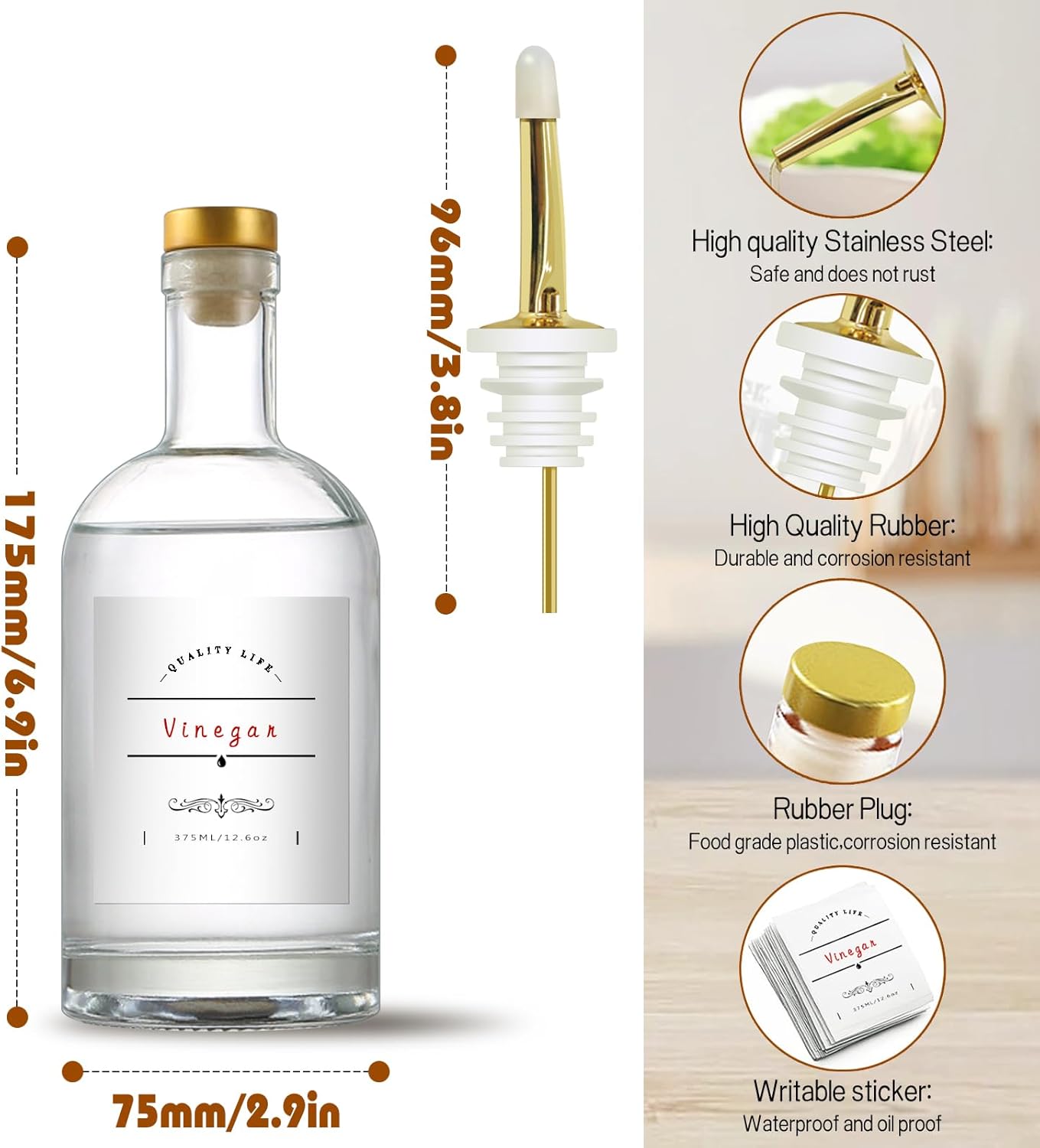 Olive Oil Dispenser Bottle for Kitchen, Clear Glass Oil and Vinegar Dispenser Set, Coffee Syrup Dispenser, Container With Metal Pour Spout, Airtight Lid, Funnel, Waterproof Labels (375ml-2 Pack)