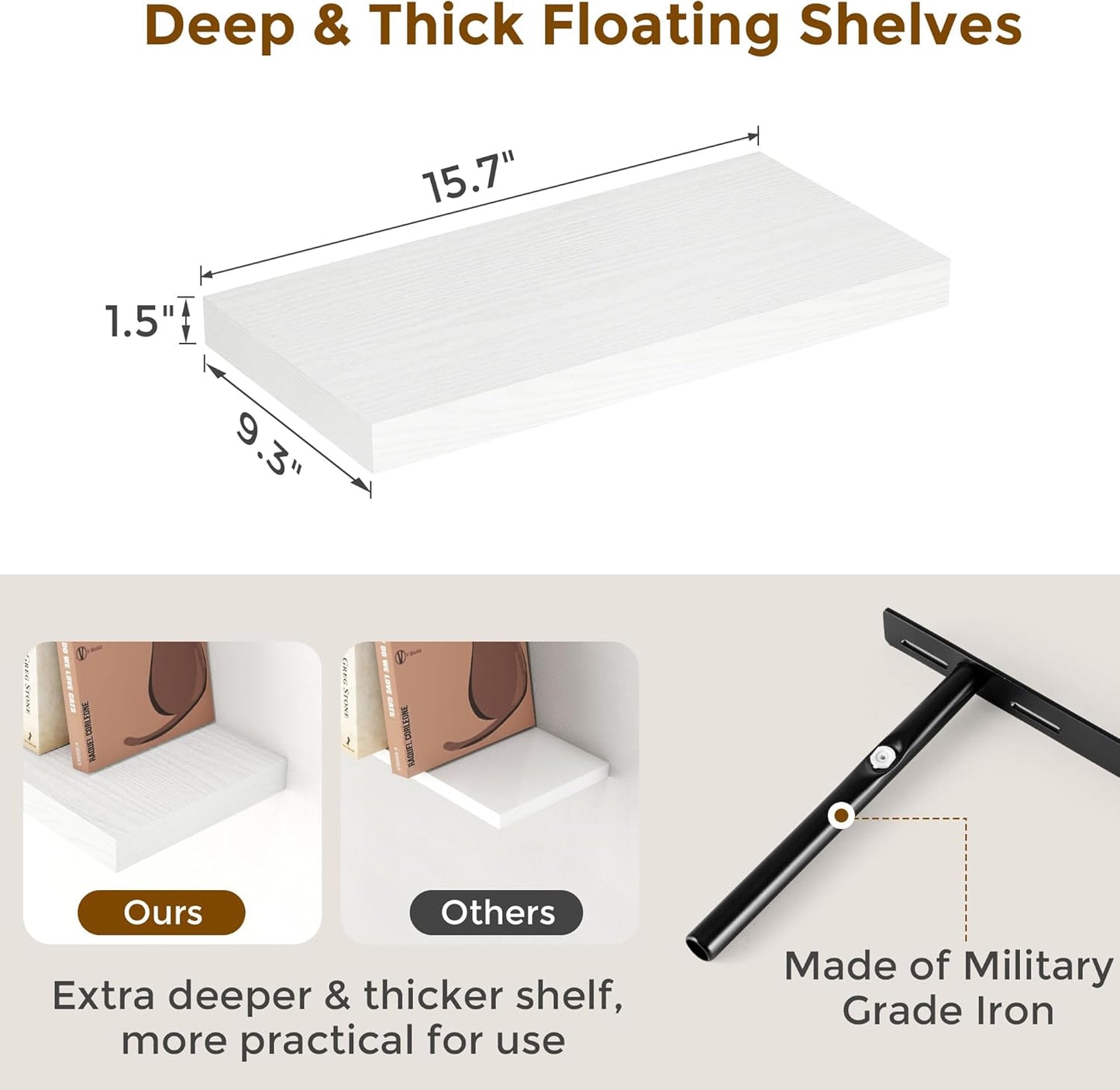 Fun Memories White Floating Shelves 16 Inch Long, 9 Inch Deep Wall Shelf for Bathroom, 16 x 9 Floating Shelf for Living Room, Bedroom, Kitchen, Rustic Wood Shelves for Wall, Set of 2