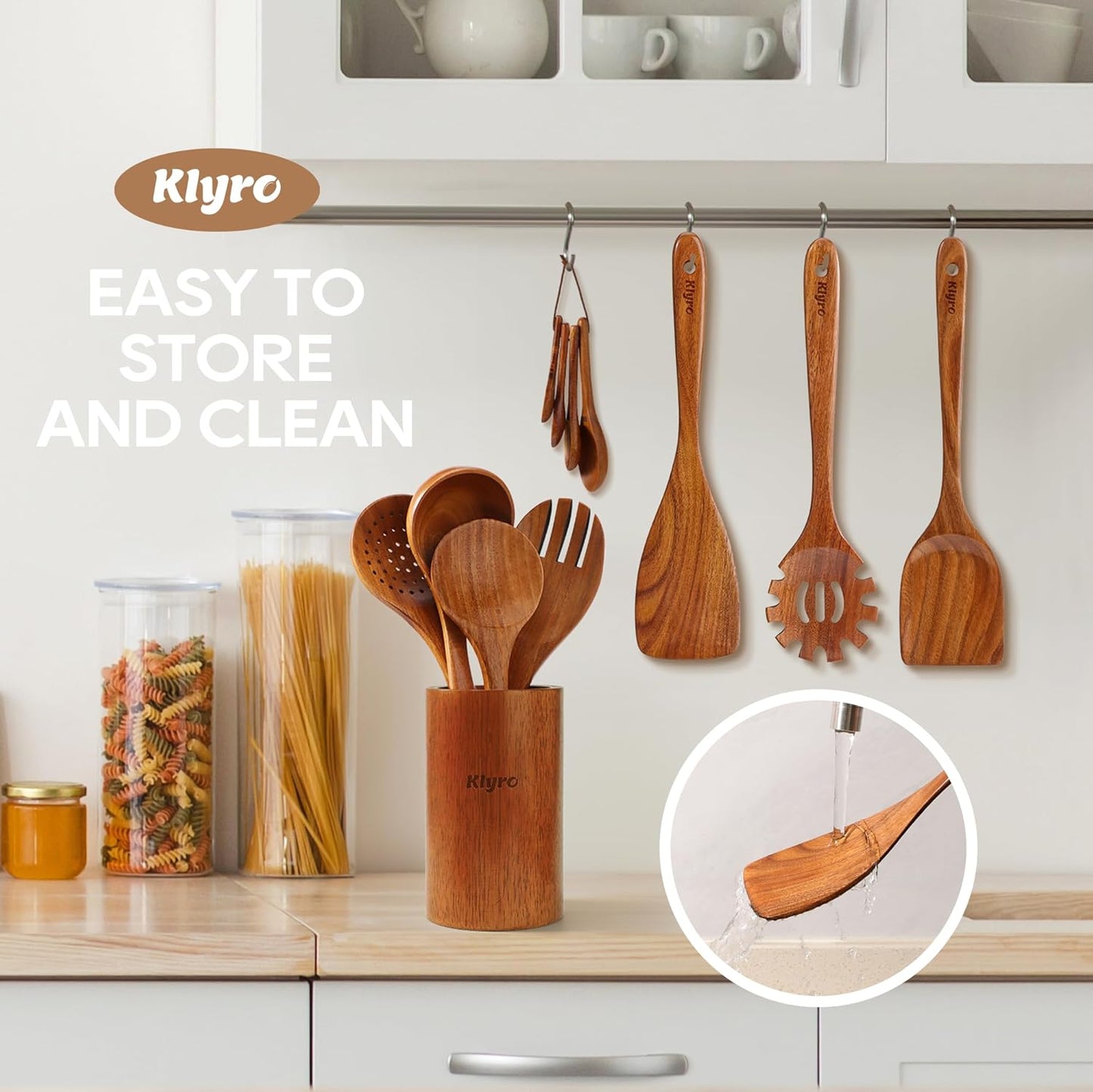 Wooden Spoons for Cooking, Nonstick Kitchen Utensils Set with 4 Piece Measuring Spoons, Comfort Grip Wooden Spatula Set, 9 Piece Teak Wooden Cooking Utensils with Holder and Spoon Rest