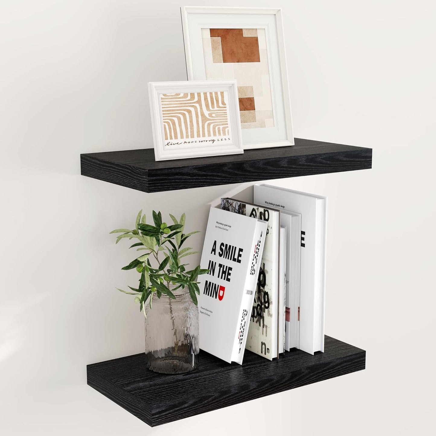 Fun Memories Black Floating Shelves 16 Inch Long, 9 Inch Deep Wall Shelf for Bathroom, 16 x 9 Floating Shelf for Living Room, Bedroom, Kitchen, Rustic Wood Shelves for Wall, Set of 2