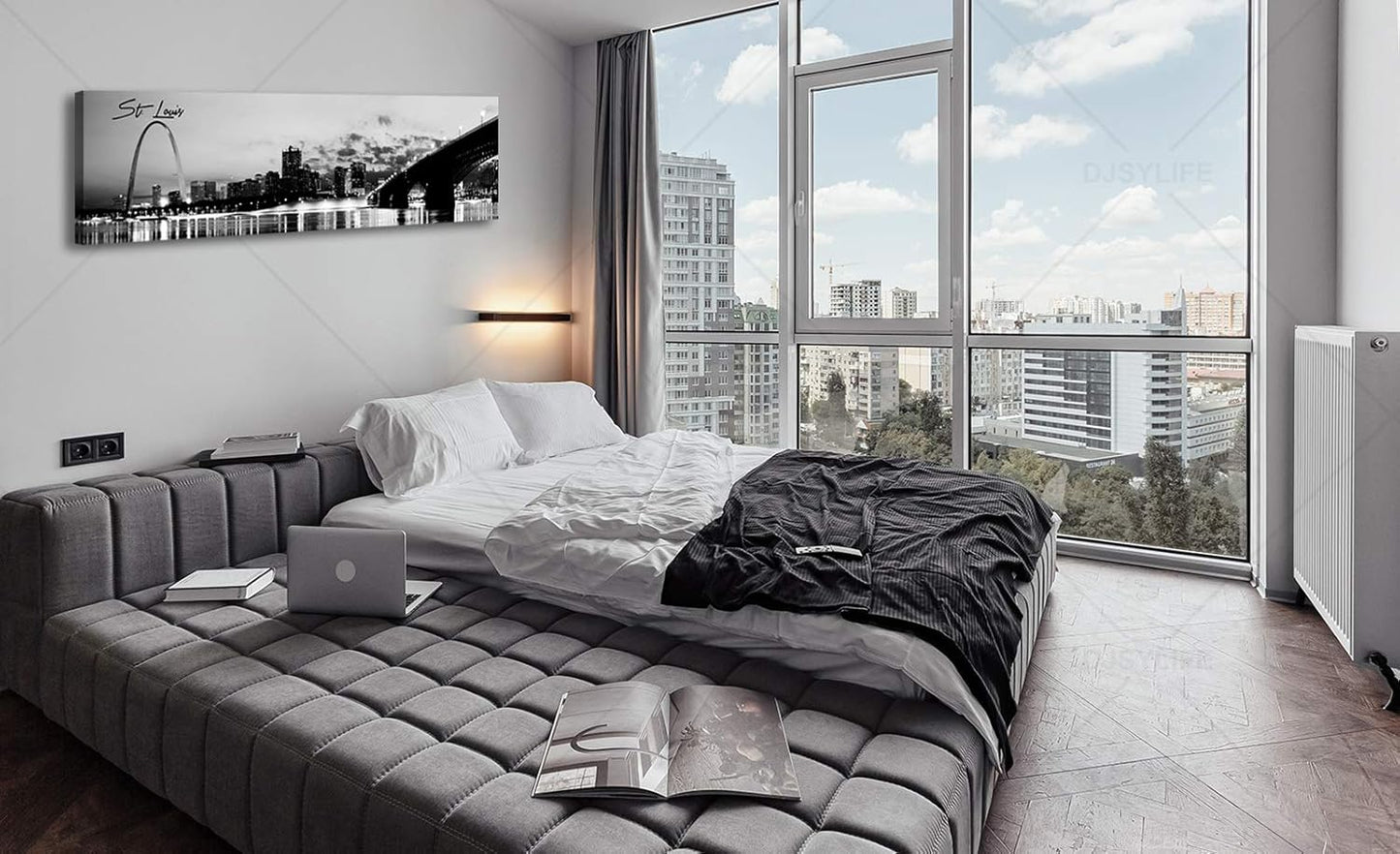 DJSYLIFE Panoramic St. Louis Skyline Wall Art Cityscape Picture Black and White Canvas Print Night View Urban Landscape Modern Artwork Office Bedroom Decor Framed and Ready to Hang 13.8"x47.3"