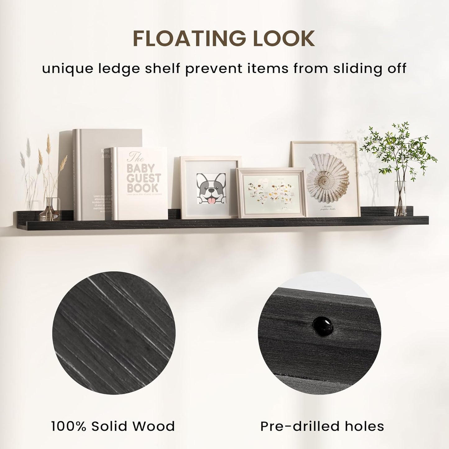 Floating Shelves for Wall, Picture Ledge Shelf 36 Inch Solid Wood Set of 2, Rustic Wall Shelves with Lip, Kids Bookshelf, Photo & Picture Live Edge Floating Shelves for Bedroom, Living Room, Kitchen