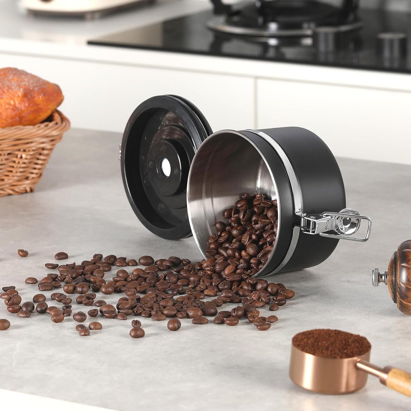 malmo Coffee Canister, Airtight Coffee Container with Date Tracker Lid, Stainless Steel Canister for Kitchen Food Storage (Gary, 9oz)