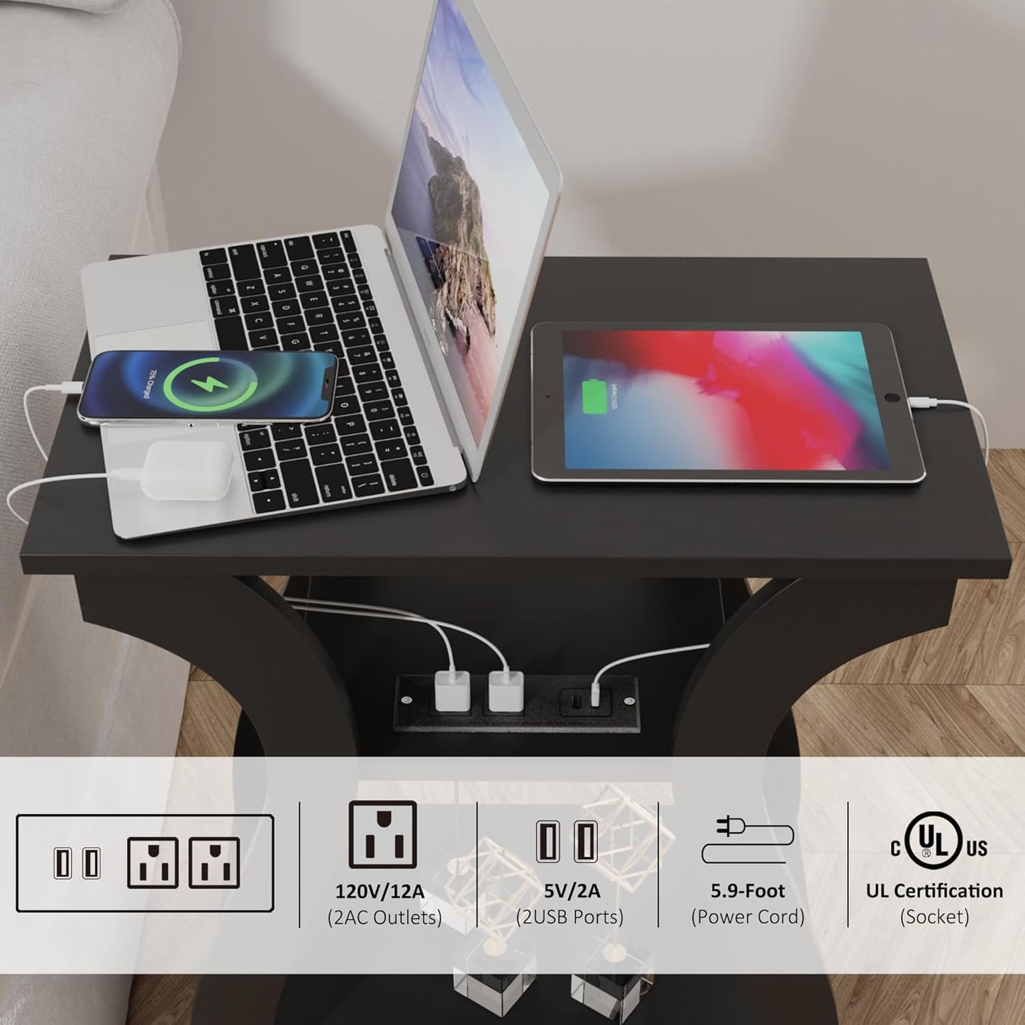Black End Table Set of 2 with Charging Station, Side Table with USB Ports and Outlets, Black Nightstand, 3 Tier End Table with Storage Shelf for Living Room, Bedroom