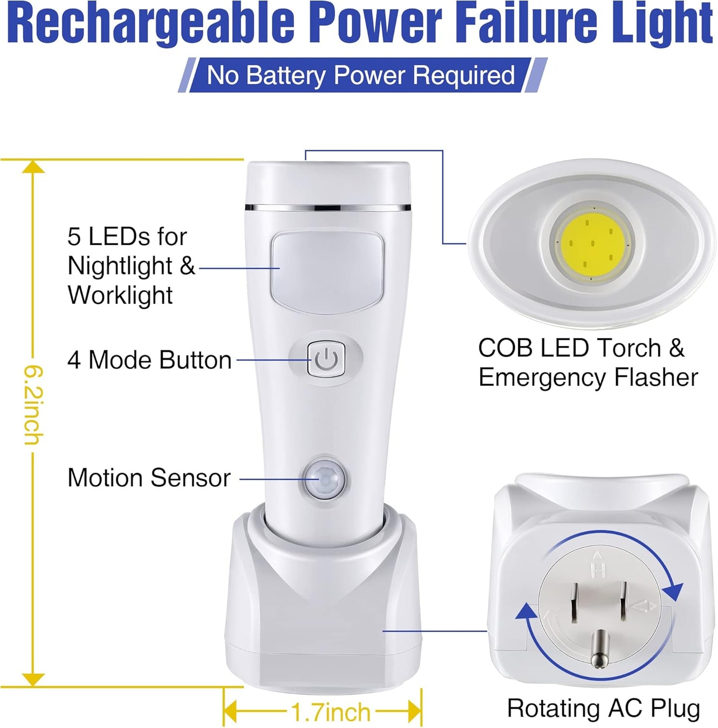 Enhon 4 in 1 LED Emergency Lights for Home Power Failure, 6 Pack Rechargeable Plug in Flashlight Motion Sensor Night Light, Automatic Turn On Power Outage Light for Home Hurricane Supplies(White)