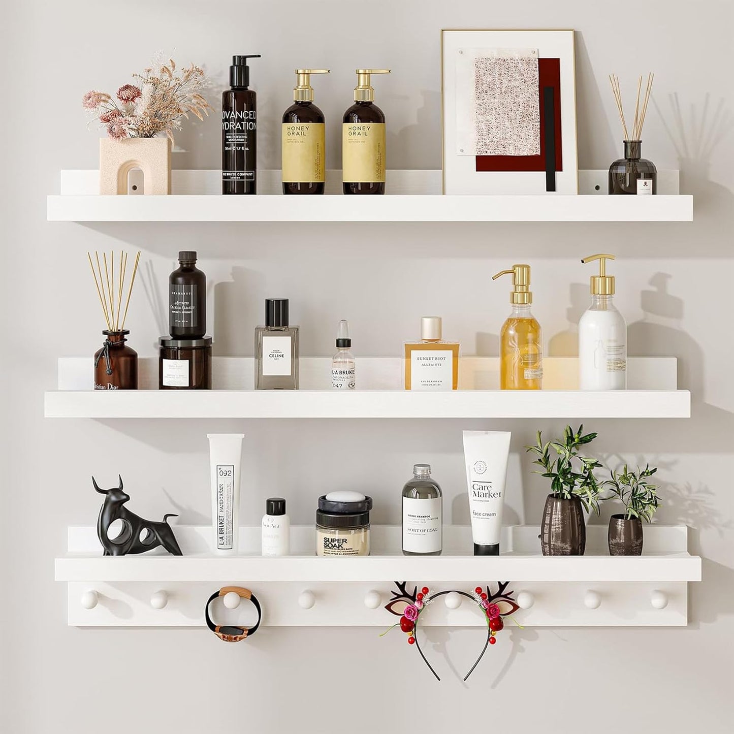 MBYD White Floating Shelves for Wall with Hooks, Nursery Book Shelves for Kids Room, 36 Inch Wall Mount Bookshelf for Living Room Bedroom Bathroom Kitchen, Hanging Picture Ledge Shelf Set of 3